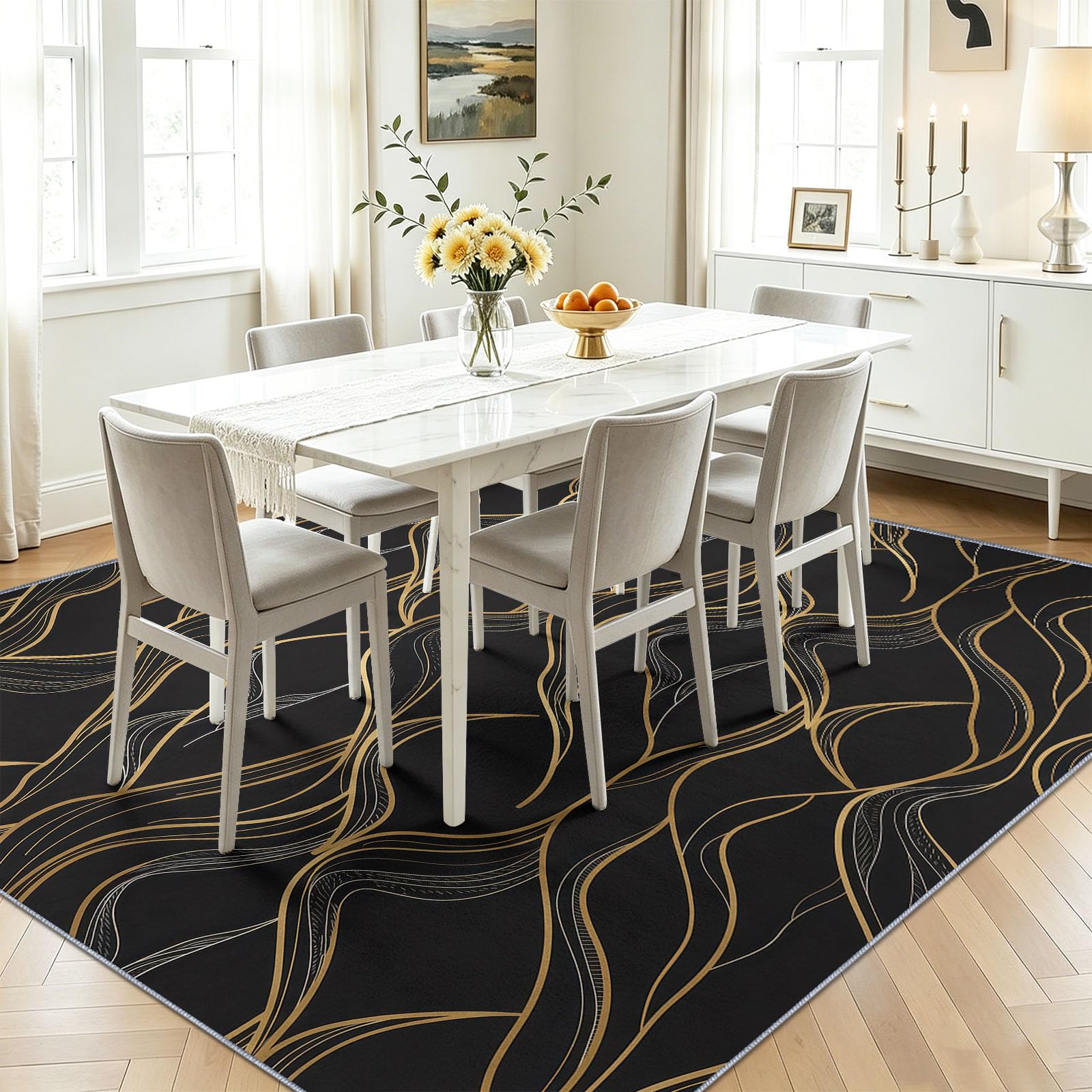 Tapis Salon Moderne Luxueux 160 x 230 cm, Montagnes Géométrique Motifs Ondulés Lignes Lavable en Machine Tapis, Noir AntidéRapant Poil Ras Moquette pour Chambre Salle a Manger Descente Bureau Cuisine
