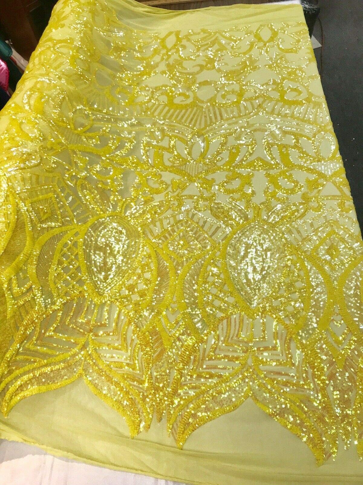 Yellow Iridescent Royalty Design Embroidery with Sequins On A 4 Way Stretch Mesh