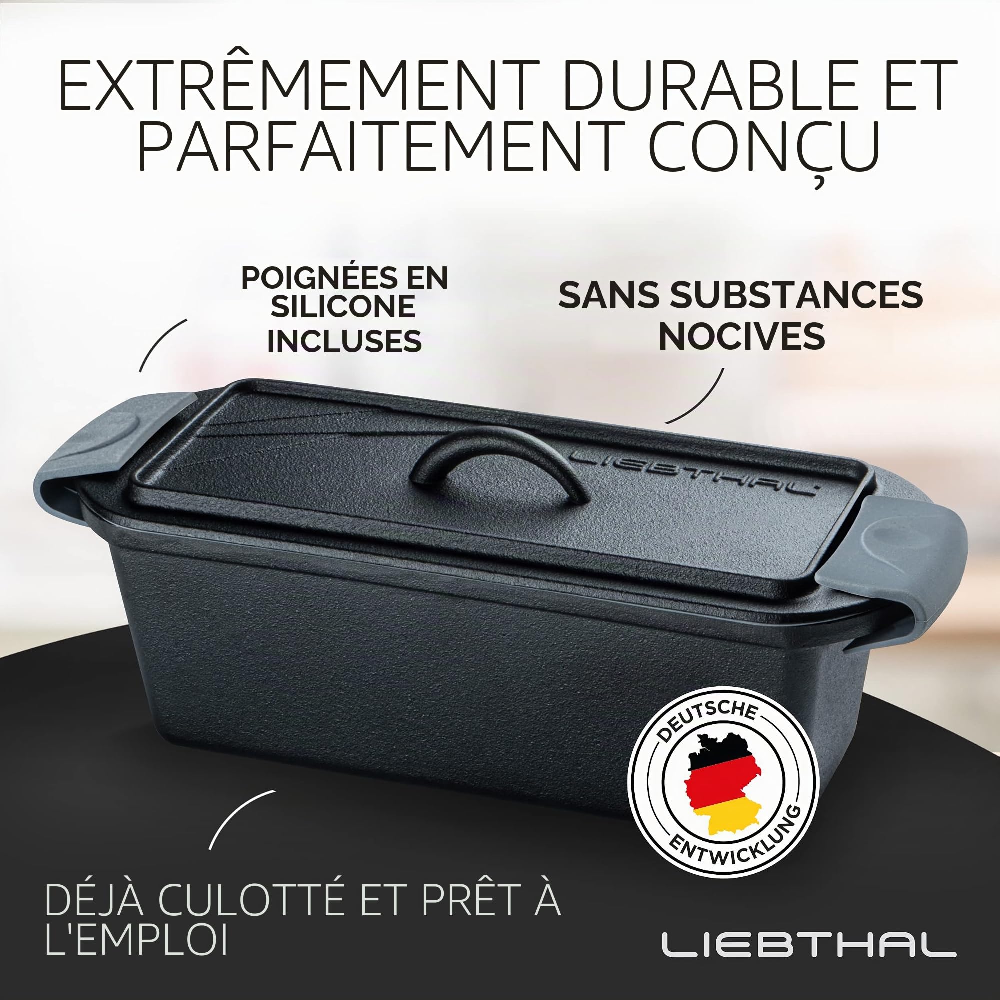 LIEBTHAL Moule à pain avec couvercle, ajustement parfait, insert en silicone antiadhésif, casserole en fonte pré-enduite, 3,5 L, moule à pain pour rôtir, cuire et braiser