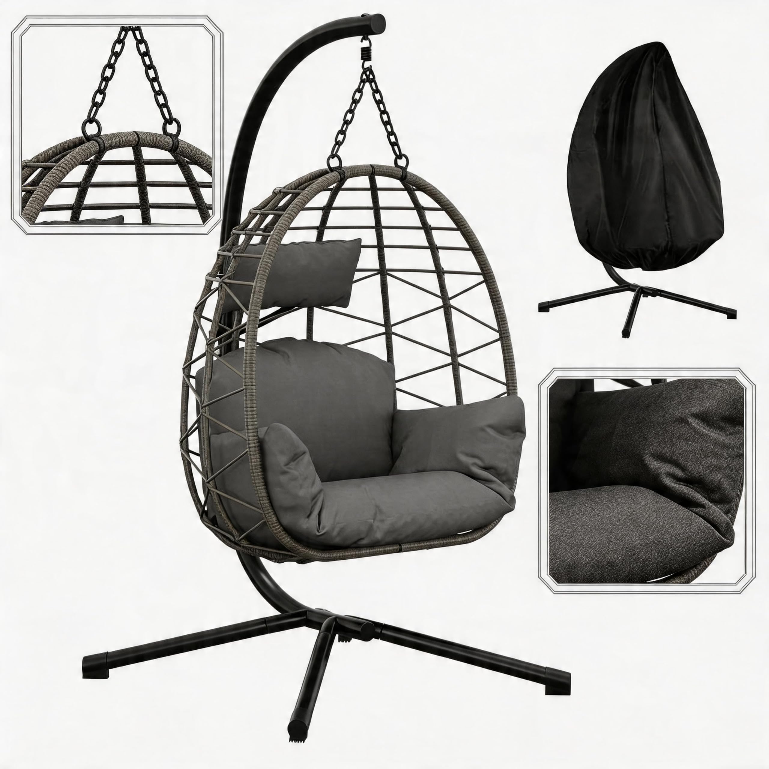 Hängesessel mit Gestell, Grau | Maximale Tragkraft 165 kg, Rattan Gestell, Dicke Kissen, Für Indoor Outdoor, Ideal für Wohnzimmer, Balkon und Garten