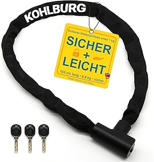 KOHLBURG Kettenschloss Fahrrad [103cm lang, 6mm starke Titan-Stahl Kette] - zuklickbares Fahrrad Schloss mit Schlüssel [3x] auch als e Scooter Schloss & e Bike lock - Fahrradschloss hohe Sicherheit