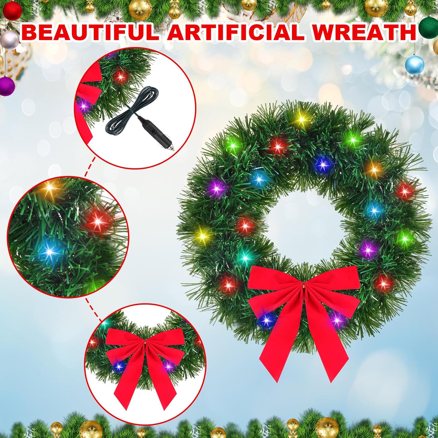 Riceshoot 2 Pack 12V LED Christmas Car Wreath with Red Bow 13 Inch Artificial Lighted up Wreath for Car Front Grill Plug in Lighting for Xmas Hanging Decoration (Color Light Classic)