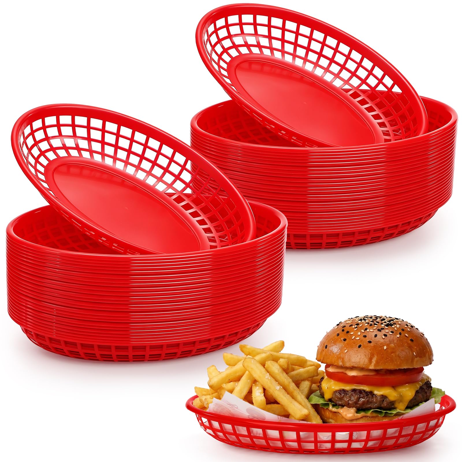 Lawei 50 Pack Oval Food Basket Plastic Fast Food Diner Basket for Chip Fries Burgers Sandwiches Picnics BBQ Party, Red
