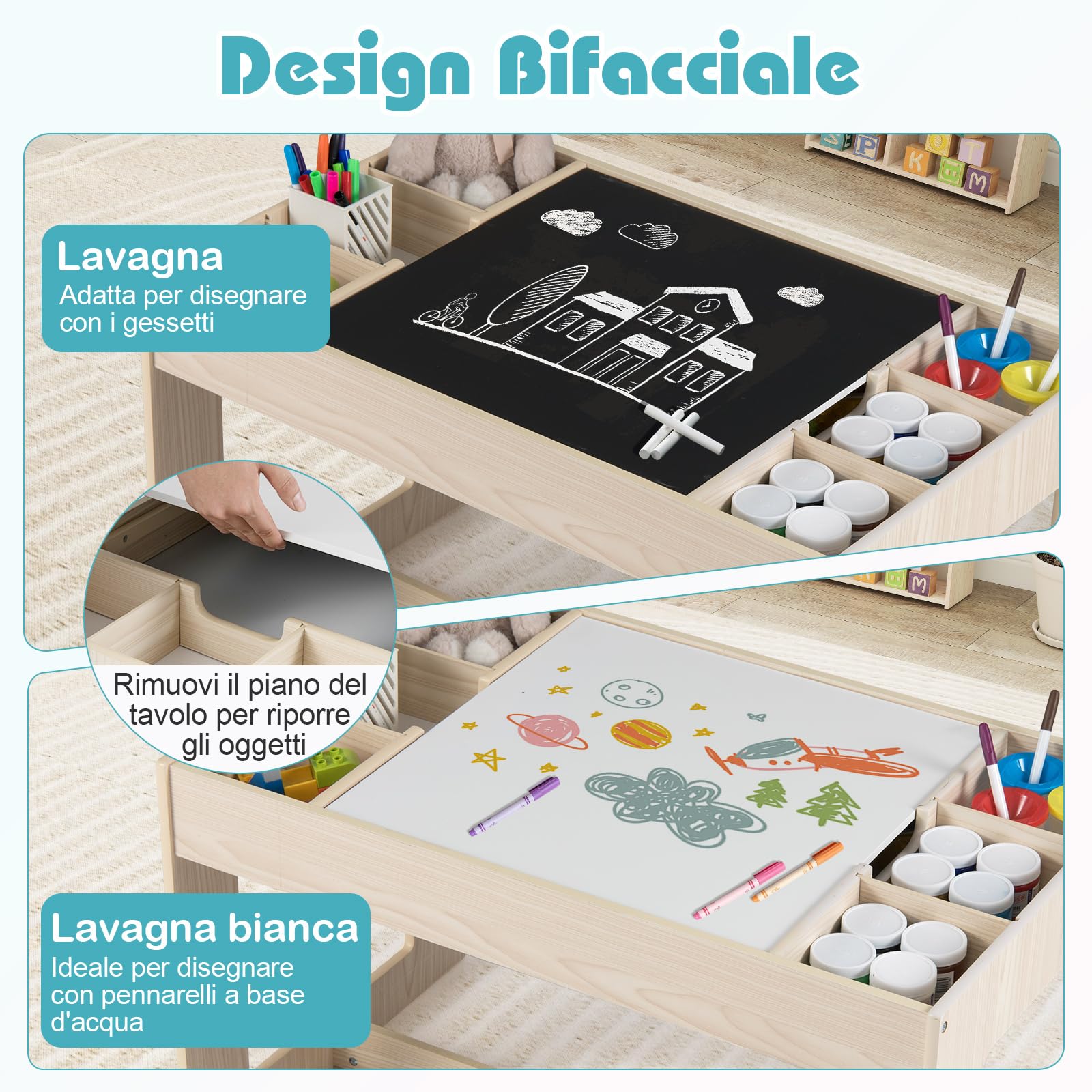 COSTWAY Set Tavolo Multifunzionale per Bambini e 2 Sedie, Tavolo e Sedie in Legno con Piano Doppio Rimovibile, Lavagna Nera & Lavagna Bianca, Compartimenti Laterali con Divisori Staccabili (Naturale)