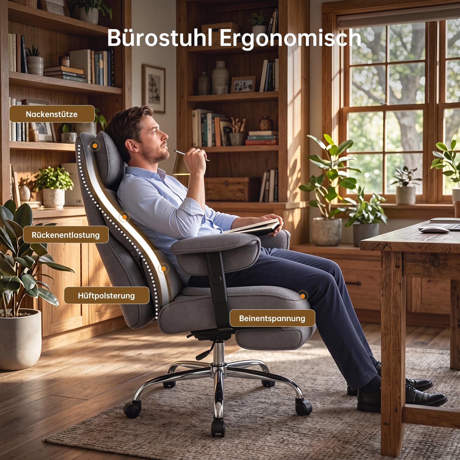 Ergonomischer Bürostuhl 200kg, XXL Chefsessel Fußstütze Homeoffice | XXL Schreibtischstuhl ergonomisch, 90–135° Rückenlehne, W-Form Sitzkissen, Lendenkissen, Wildlederimitat Grau