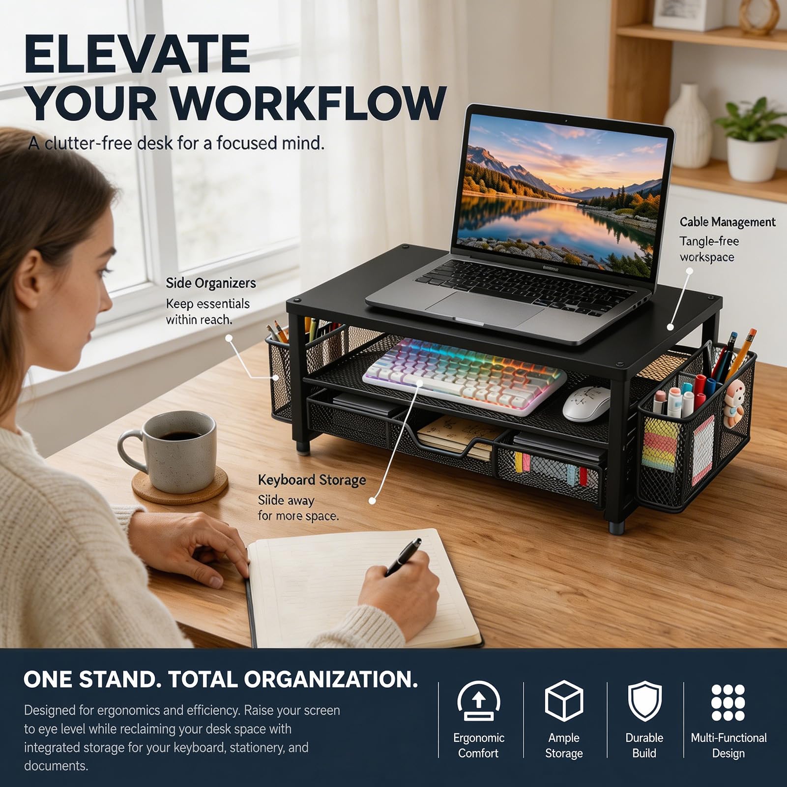 Rialzo per monitor, supporto ergonomico per monitor con cassetto e 2 portapenne, organizer da scrivania per schermo laptop, supporto da scrivania come accessorio da ufficio per postazione di lavoro e