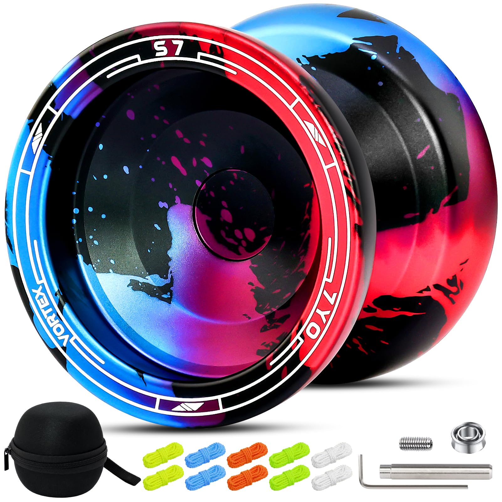 7YO S7 Finger Spin Yoyo for Kids 8-12 and Adults, Dual Purpose Yoyo Professional Yoyos for All Ages, Metal Yo-yo with Case, Bearing Tools, 10 Strings