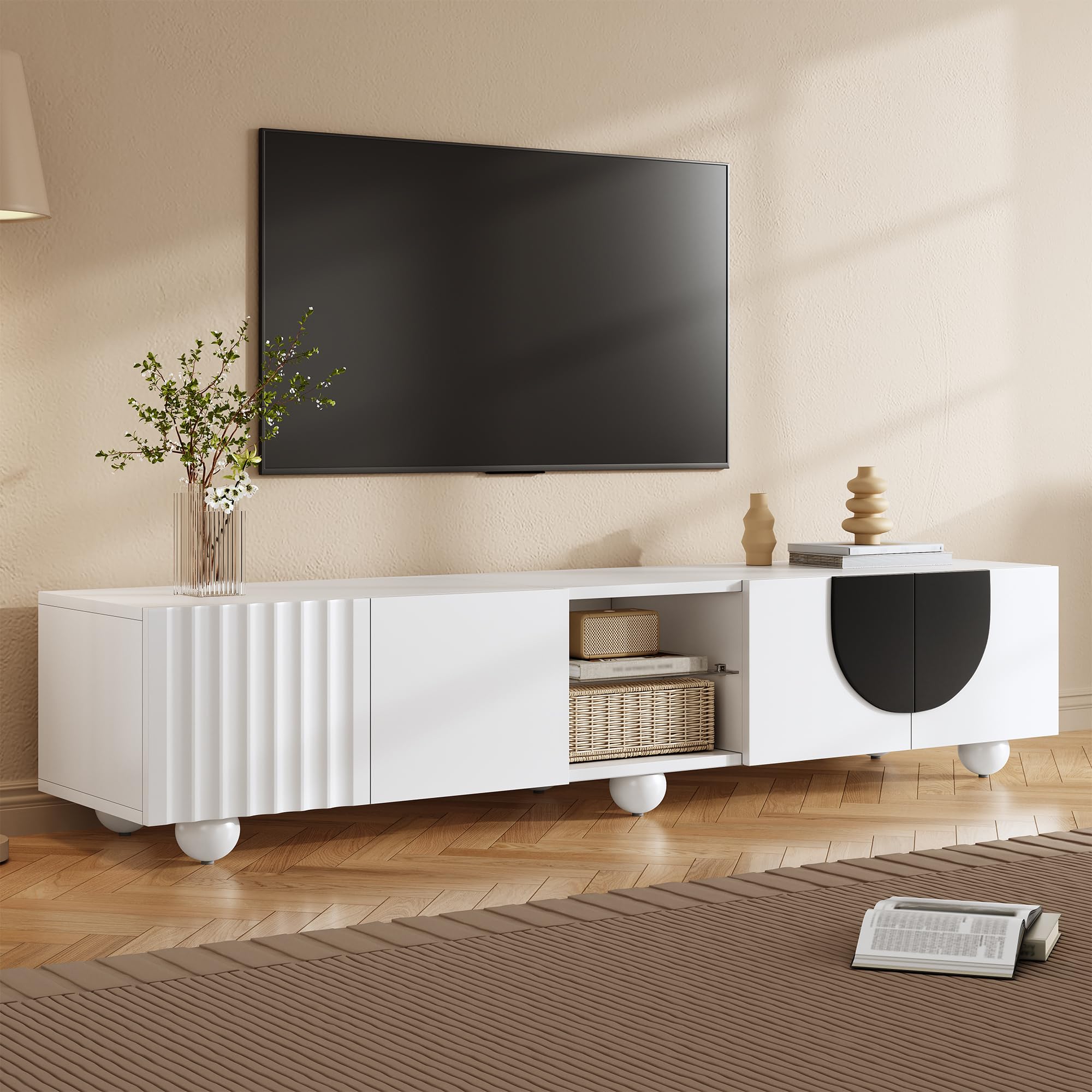 Nowoczesna szafka pod telewizor, 180 x 40 x 41,5 cm, biała, płyta MDF i płyta wiórowa, Push-to-Open, minimalistyczny design