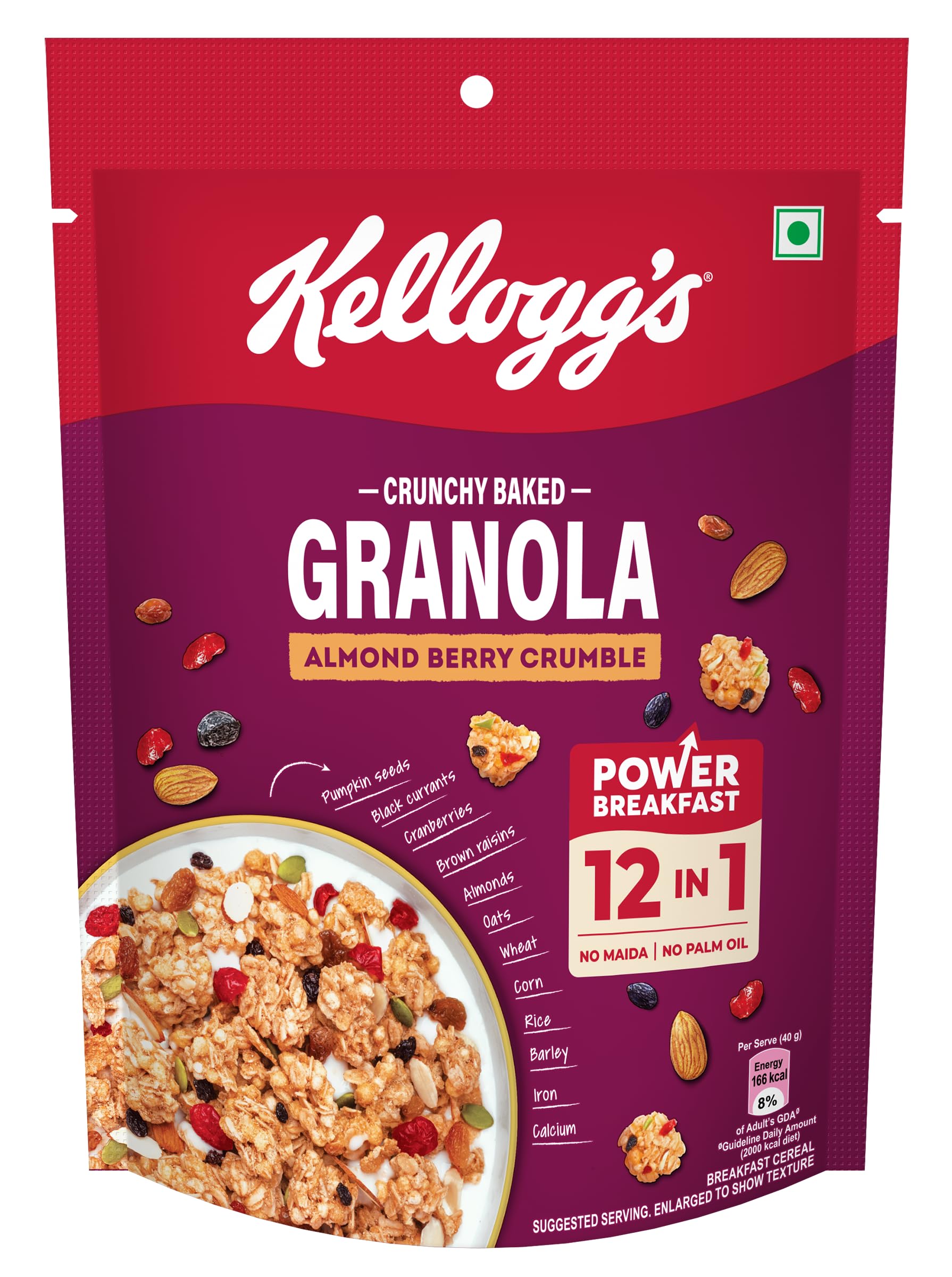 Kellogg’s Crunchy Almond Berry Crumble Granola 140g | 12-In-1 Power Breakfast | No Maida, No Palm Oil | Source of Protein & Fibre | Baked Multigrain Clusters