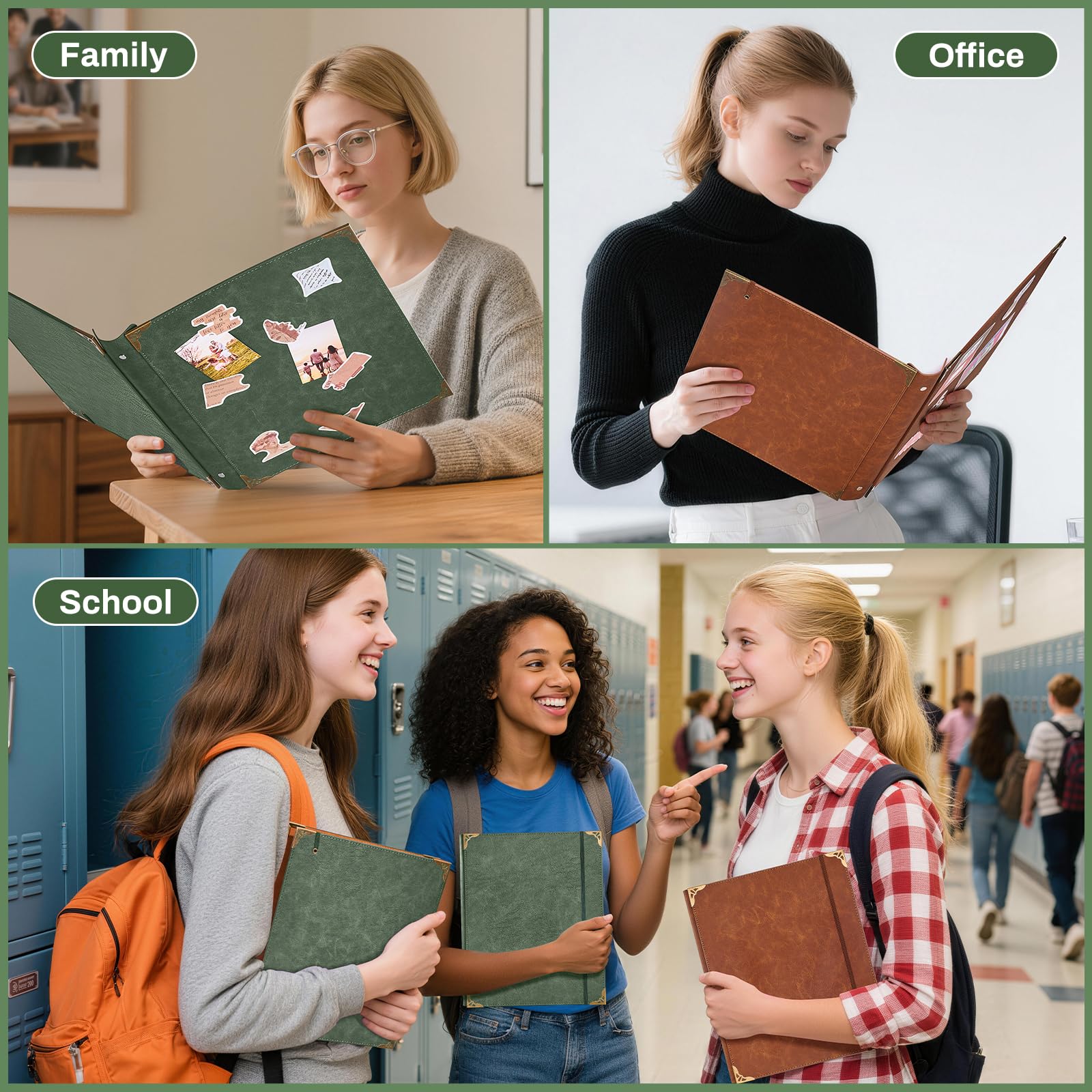 Ovesmusl Raccoglitore a 3 anelli in pelle ecologica in poliuretano, adatto per carta formato lettera da 21,6 x 27,9 cm, 5 cm, può contenere 500 fogli, copertina per fogli sfusi per la scuola, verde