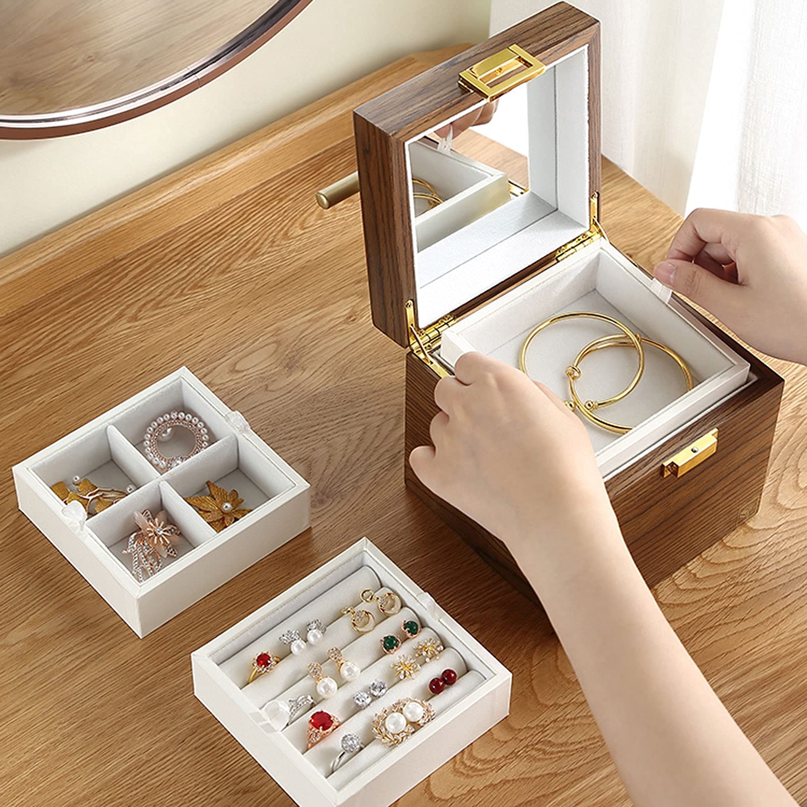 Boîte À Bijoux Organisateur Boîte À Bijoux en Bois Massif pour Femmes Armoire À Bijoux Anneau Collier Boîte De Rangement Cadeau Organisateur De Voyage avec Miroir