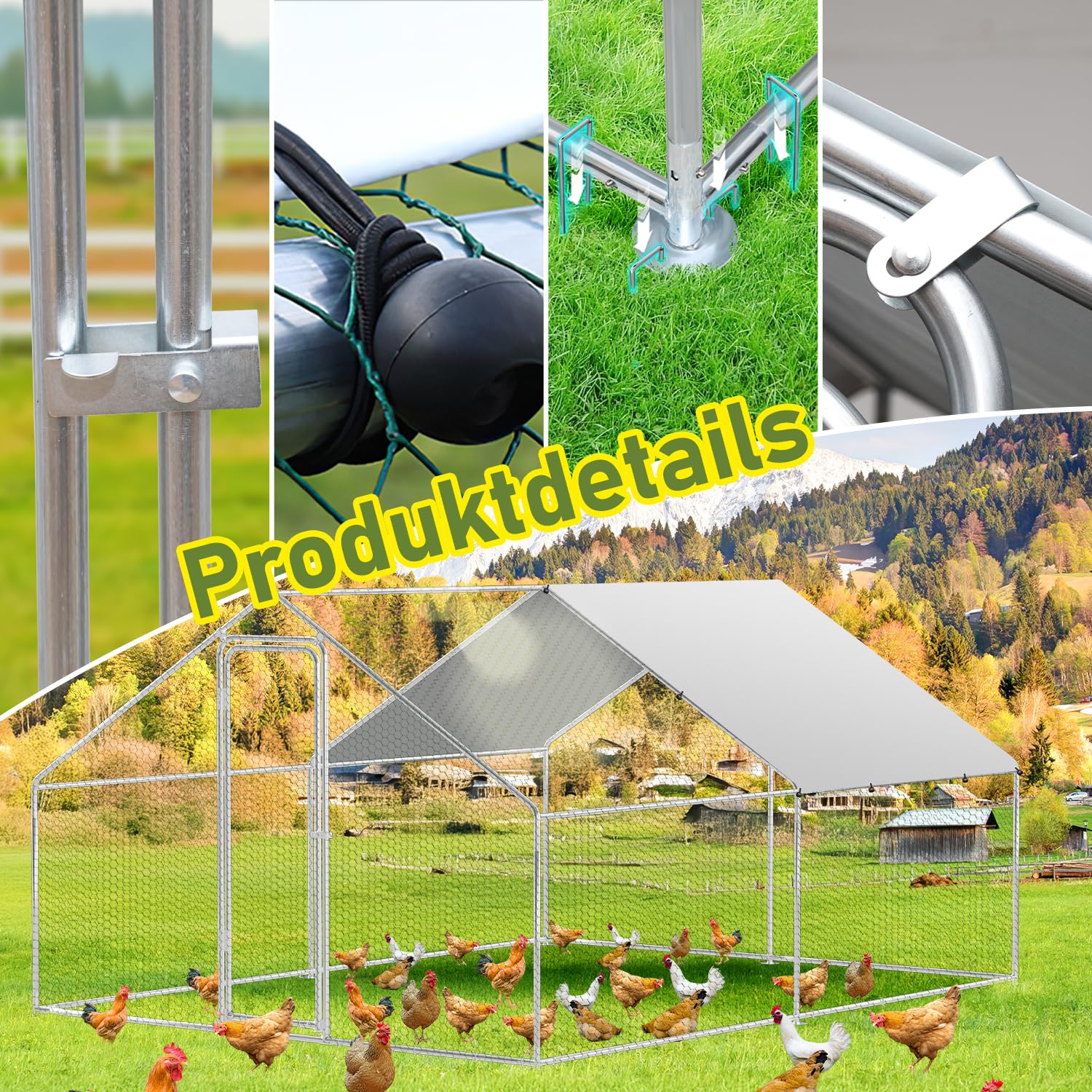 Ikodm Poulailler Extérieur XXL 3 x 4 x 2 m avec Serrure en Acier Galvanisé pour Poules, Chiens, Chats, Canards, Lapins, Oiseaux, Résistant aux Intempéries