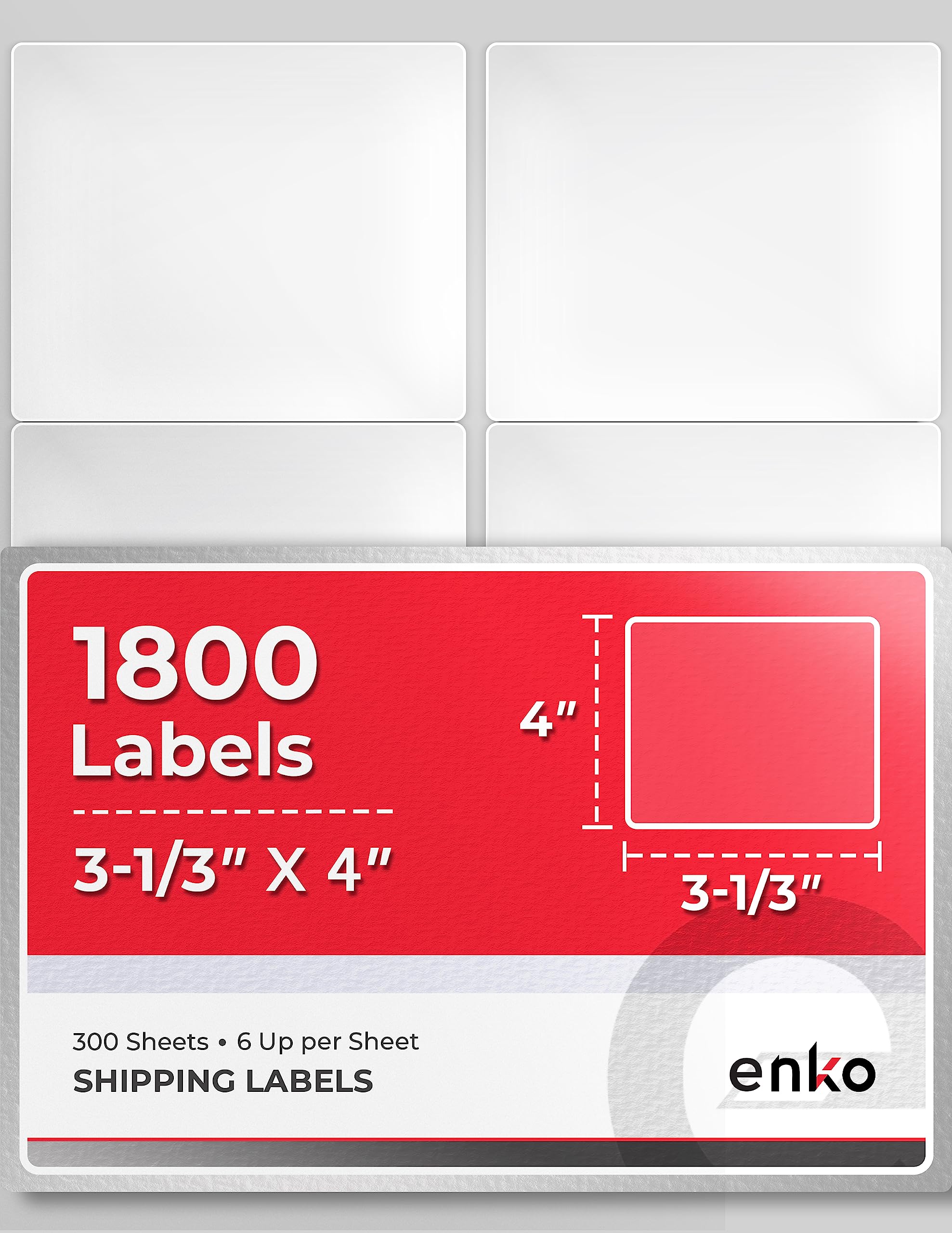 enKo - 3-1/3 x 4 Inch Label - White Blank - 6 Up Per Sheet Shipping Address Mailing Labels for Laser Inkjet Printer (300 Sheets, 1800 Labels)