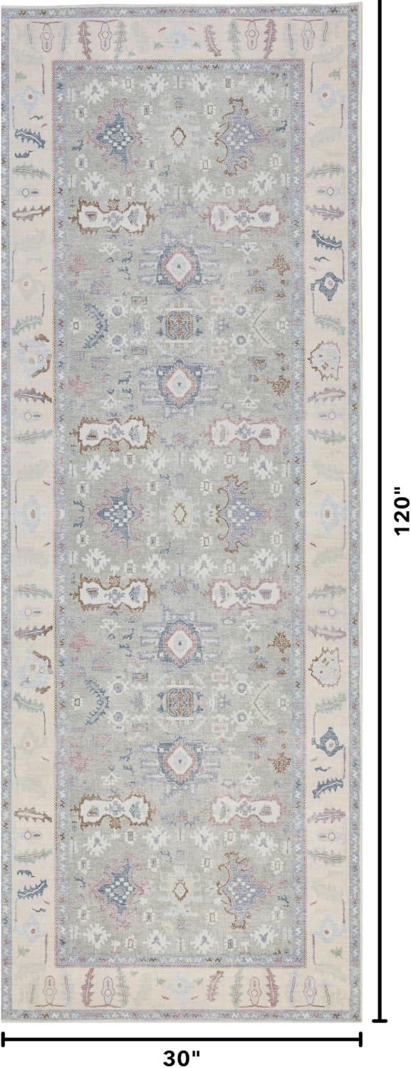 Kuden 2'6"x10 Runner Rug, Machine Washable Area Rug with Non-Slip Backing, Vintage Style, Soft, Easy Clean, Low Pile Rug for Hallway, Entryway, Kitchen, Bedroom