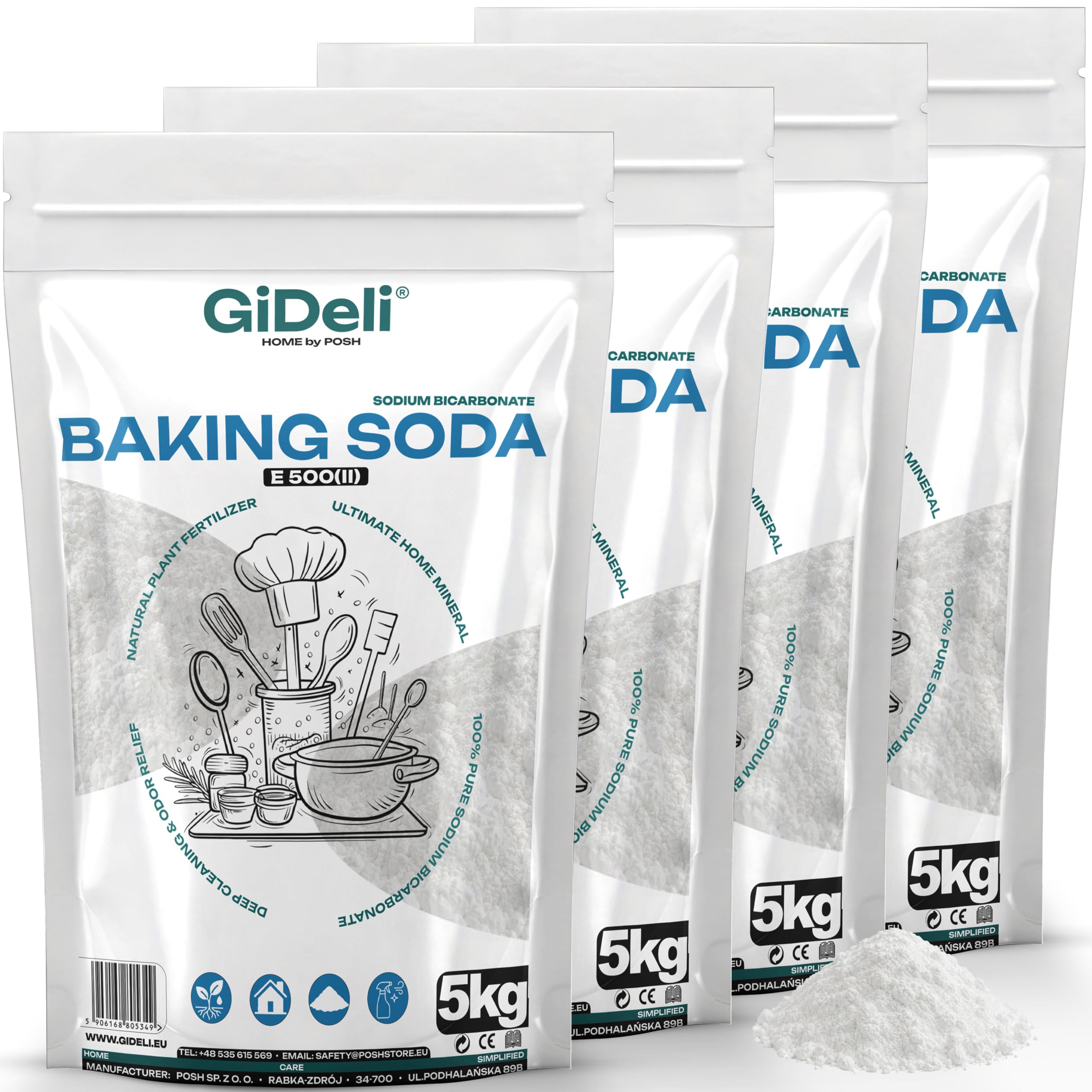 GiDeli Bicarbonato de Sodio 4x5kg - Perfecto Para Cocinar Pasta y Hornear - También se Utiliza Para Lavar y Limpiar - Uso Versátil en el Hogar - Regulador de la Química del Agua de la Piscina