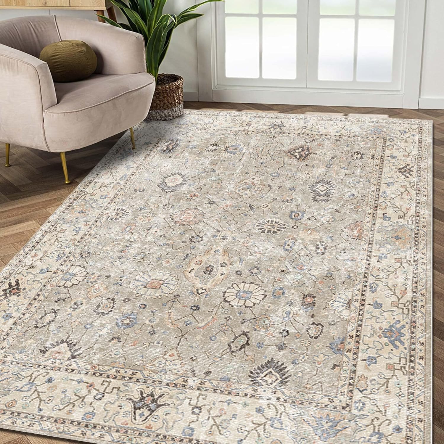 bamyum Monty Bedruckter Teppich Chenille-Druck Maschinell Hergestellt 80 x 300 cm, Waschbarer Wohnzimmer Vintage Schlafzimmer, Antibakteriell Antirutschunterlage Küchenteppich Beige