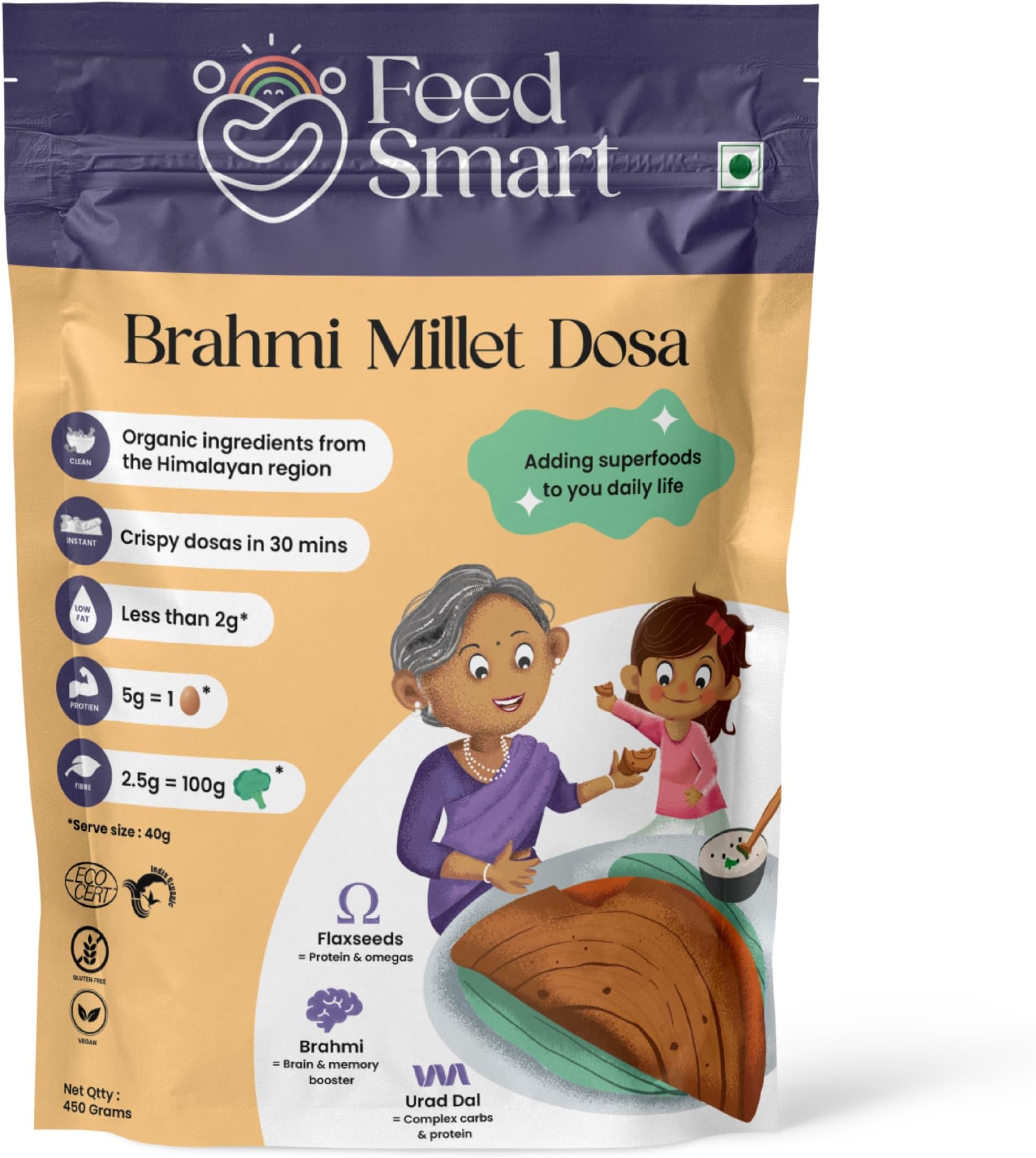 Feed Smart Instant Dosa Mix Batter Dry | Superfood Ingredients | Brahmi | Flax Seeds | Millets | Rich in Fiber | Millet Dosa Mix | - Pack of 1 (150g)