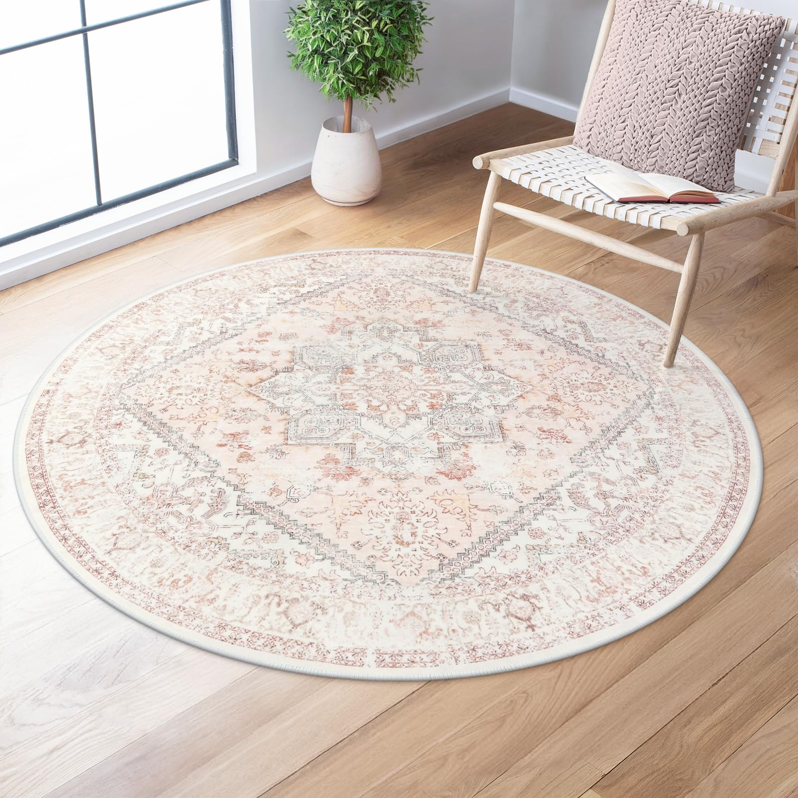 LIVEBOX Pink Round Rug 4ft - Machine Washable for Living Room, Non-Shedding Vintage Circular Carpet Bedroom, Low-Pile Floral for Girl's Room Entryway, Boho for Office