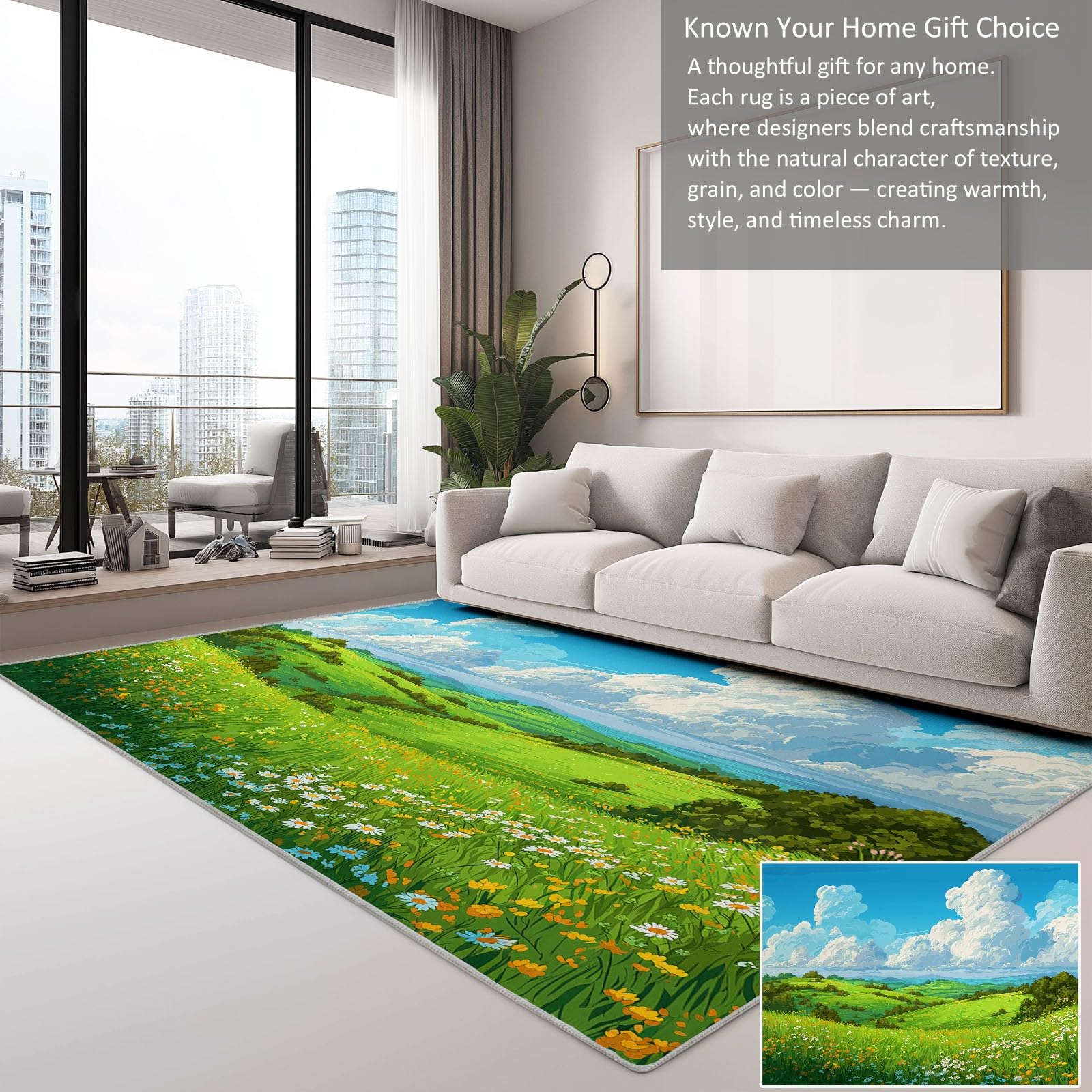 Cartoon Gras Wildblumen Berge Bedruckter Rutschfester Teppich 160 x 230 cm, Anime Waschbarer Teppich Wohnzimmer Schlafzimmer Flur Esszimmer - Antibakteriell Antirutschunterlage Küchenteppich