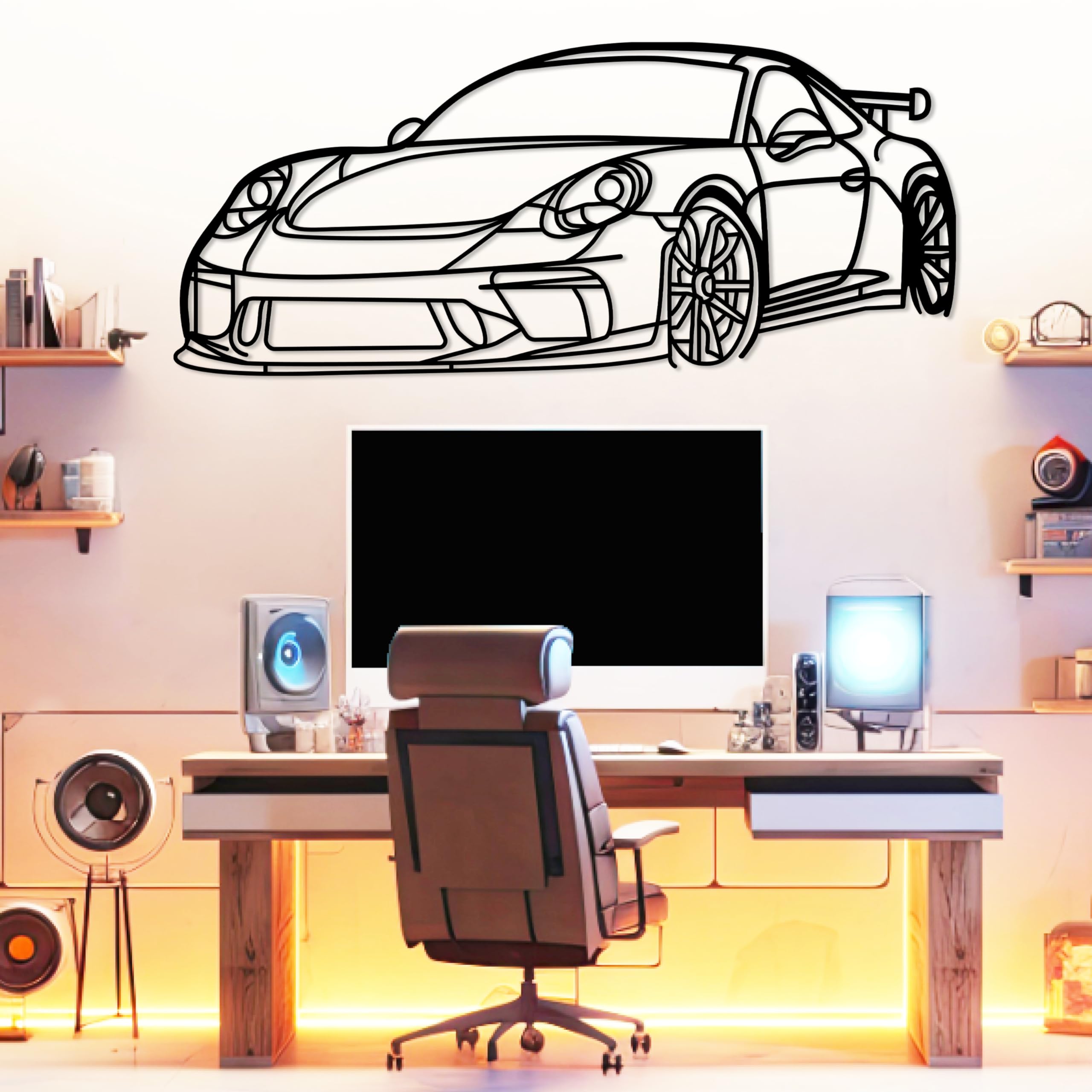 DecoSoul 911 GT3 model 991 Front Angle Model Silhouette Metal Car Wall Art, Sports Car, Man Cave, Gift for Boyfriend and Car Lovers (Black - 30 x 8,2”