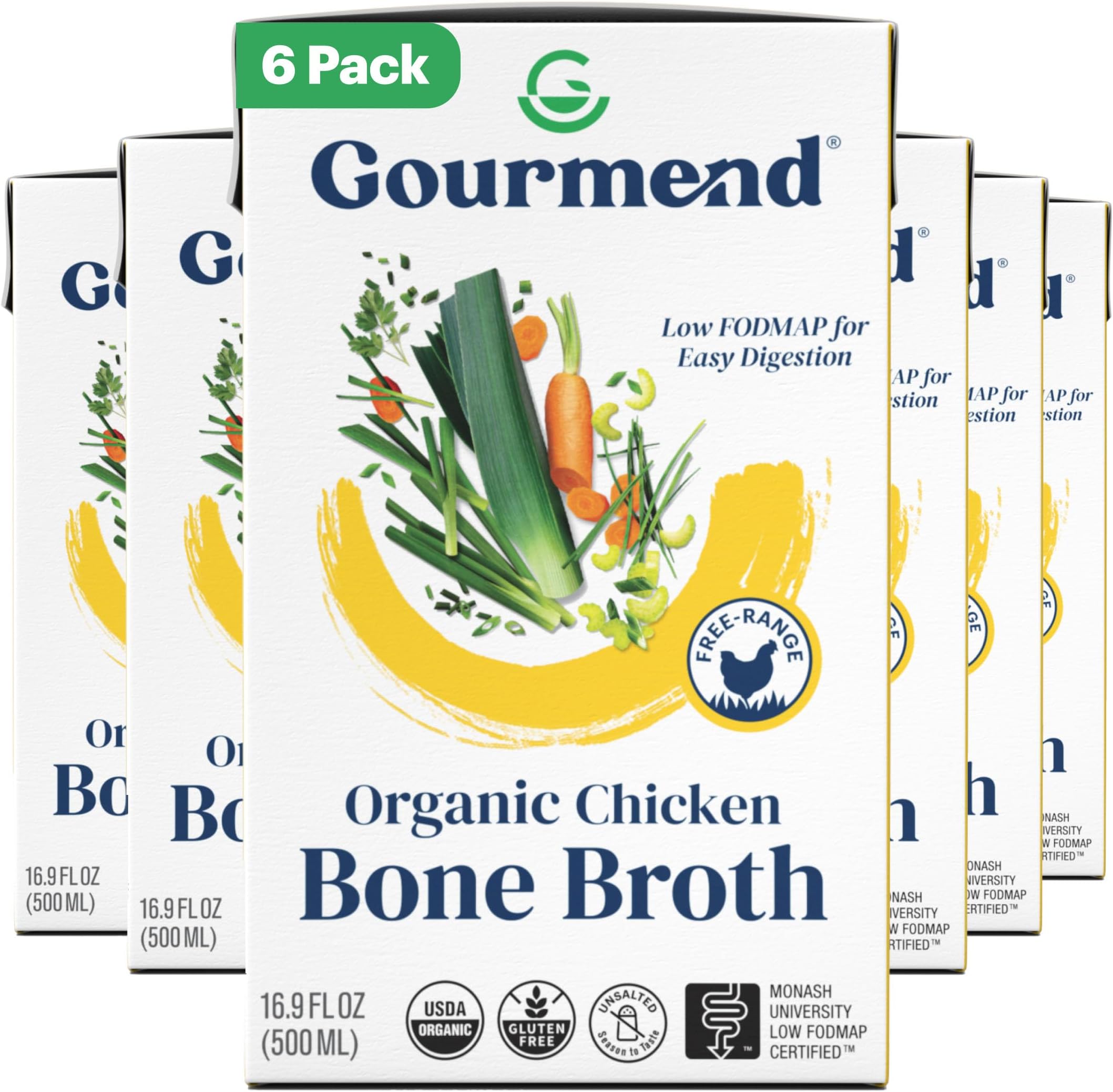 Organic Unsalted 16.9oz Chicken Bone Broth (6 Pack) – 7 Ingredients, Low FODMAP Certified, Filler Free, Gluten Free, Onion & Garlic Bulb Free