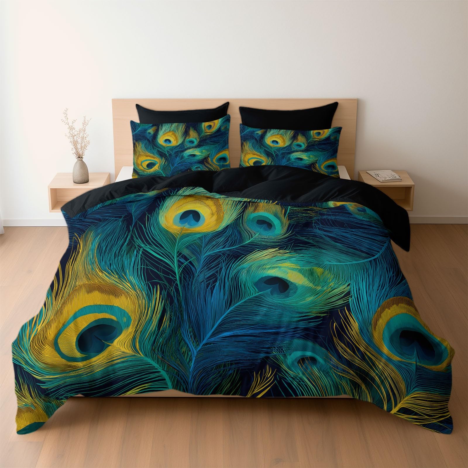Generisch Klassisches Retro 3-teiliges Bettwäsche-Set, Schwarz 1 Bettbezug 200 x 200 cm und 2 Kissenbezüge 80 x 80 cm, Pfauenfeder TexturWeiche Mikrofaser, Reißverschluss, Ganzjahres