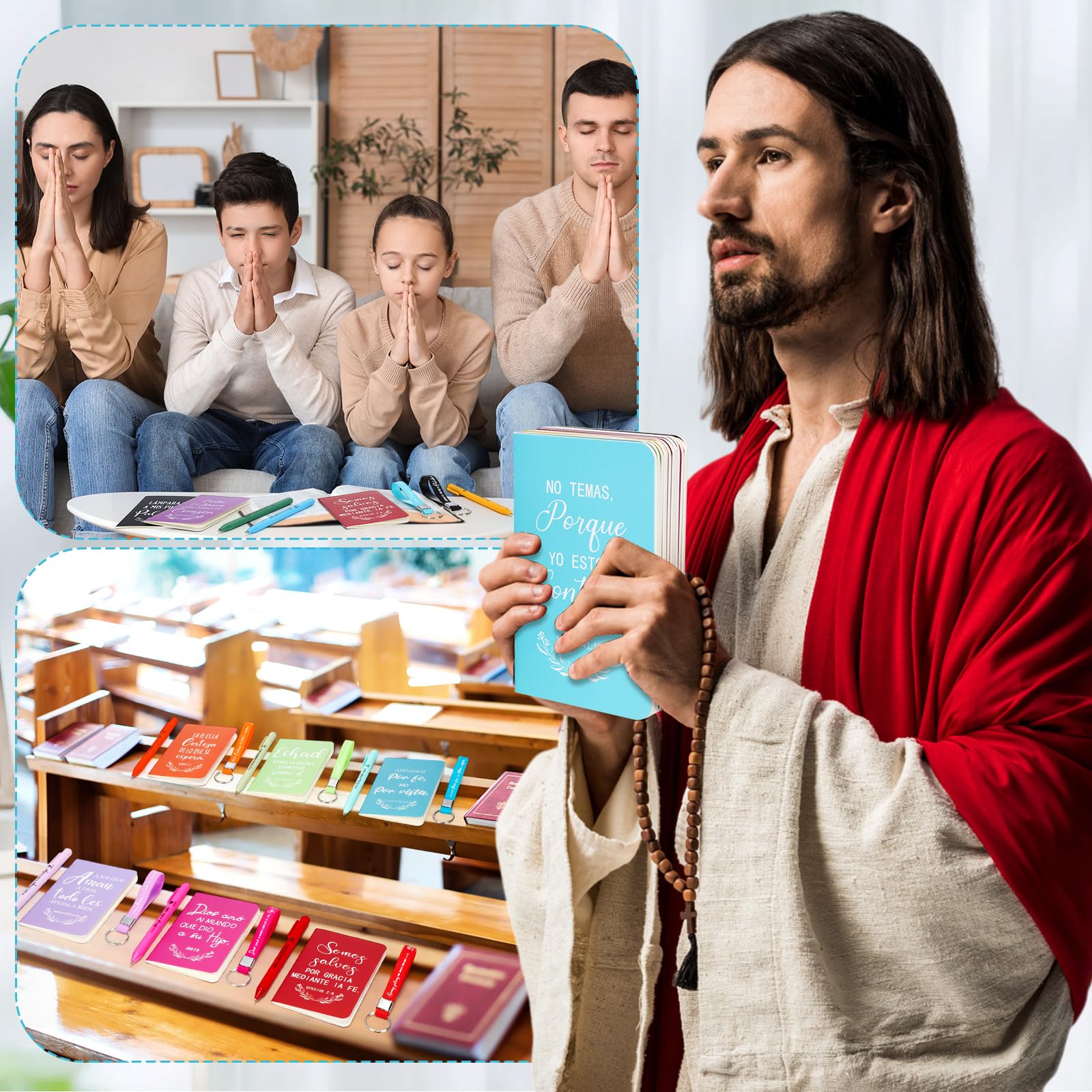Epakh 72 piezas Regalo cristiano español al por mayor Cuaderno de diario religioso versículos bíblicos Bolígrafo retráctil de bola inspiradora con llavero de cita para adultos, iglesia, escuela
