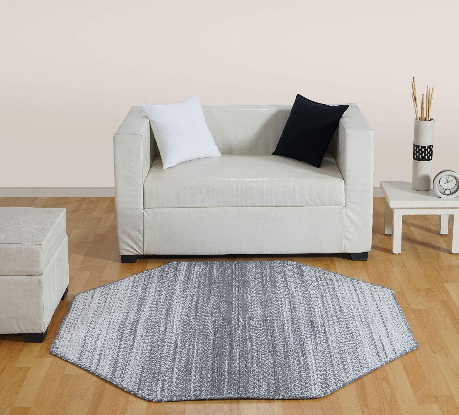 Aztocratic Arizona Granite Collection, Fully Reversible Octangle Braided Rug Hand Woven Area Rugs 100% Cotton Carpet for Bedroom Living Room High Traffic Areas (5 Feets Octangle, Grey and White)