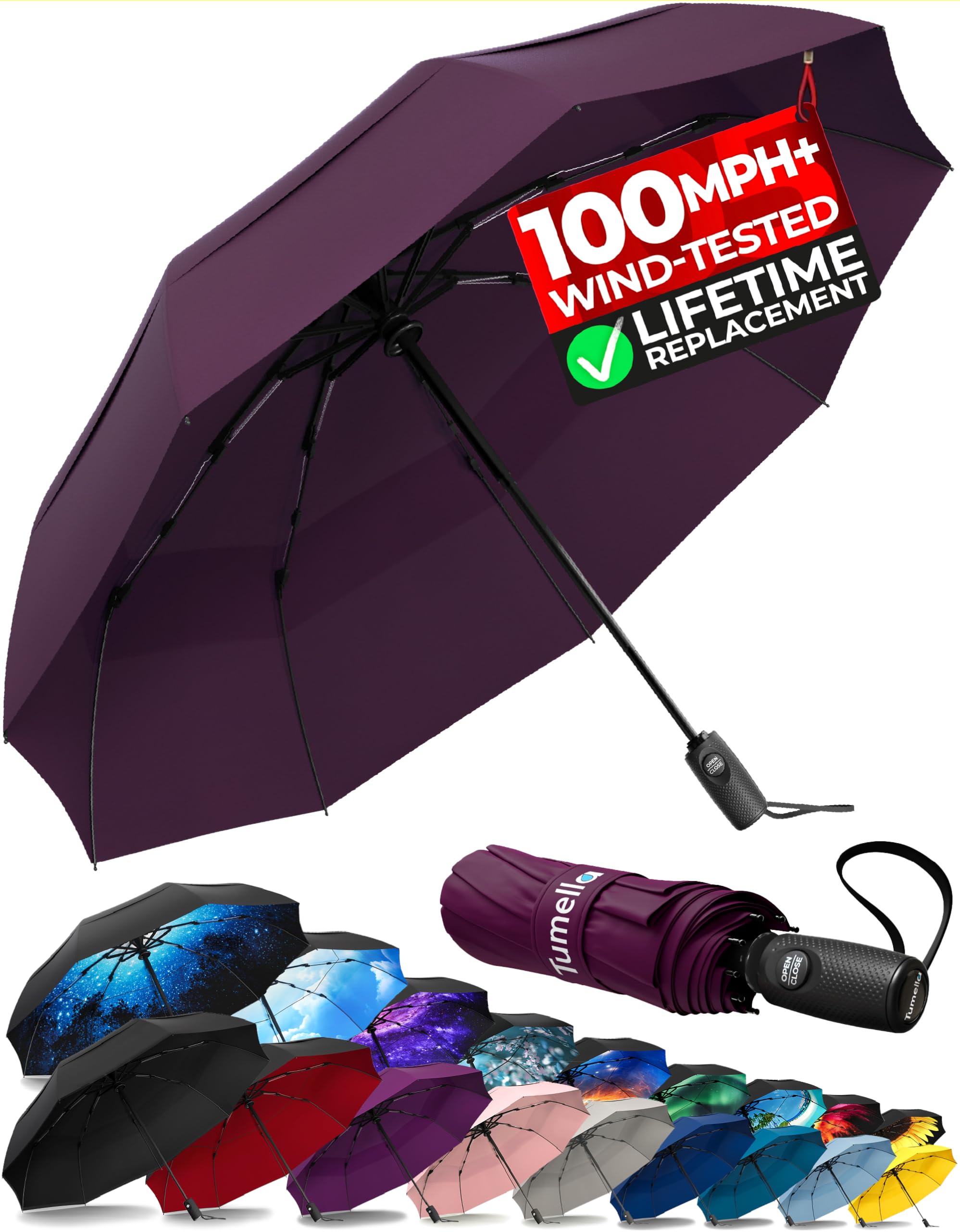 TUMELLA Strongest Windproof Travel Umbrella (Compact, 100MPH Wind-Tested), Light, Portable, One-Handed Use, Automatic Folding Rain Umbrella, Durable, Premium Grip, Fits Car &amp; Backpack