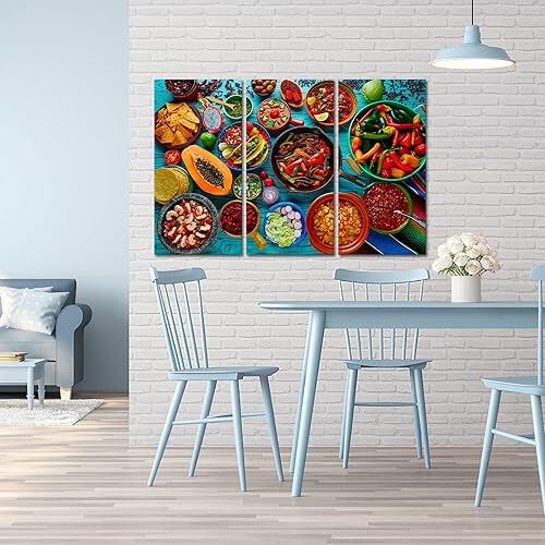 Miniatura 3 de 3 piezas de lienzo de pintura de pared de comida mexicana, tomate, chile rojo, pimienta amarilla, melón, patatas fritas, fruta del dragón, póster