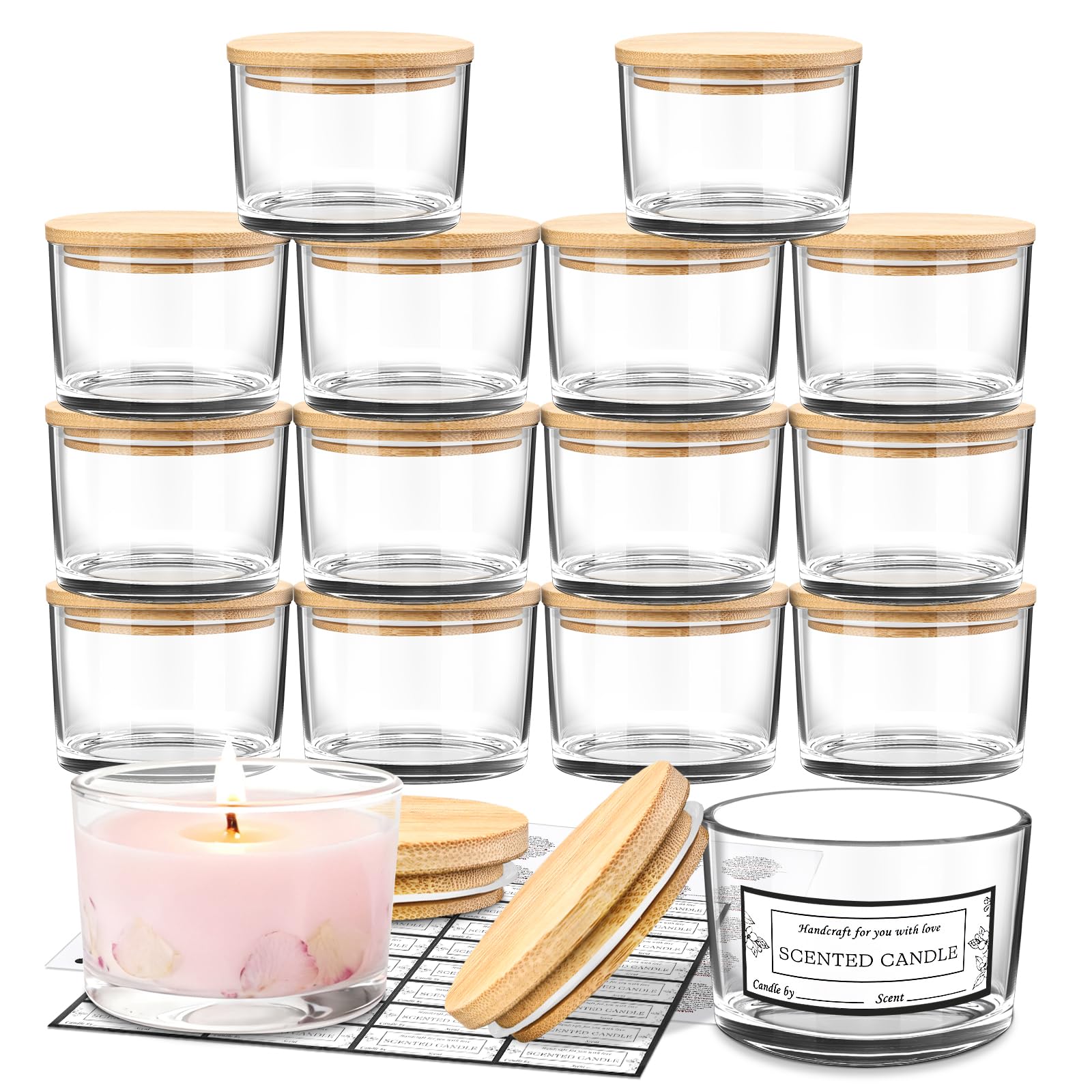 Lot de 15 Pots à Bougies Vides Pots à Bougies En Verre Transparent Contenant Bougie Transparent Jolies Étiquettes D'avertissement Adhésives pour La Fabrication de Bougies Avec Couvercles Hermétiques