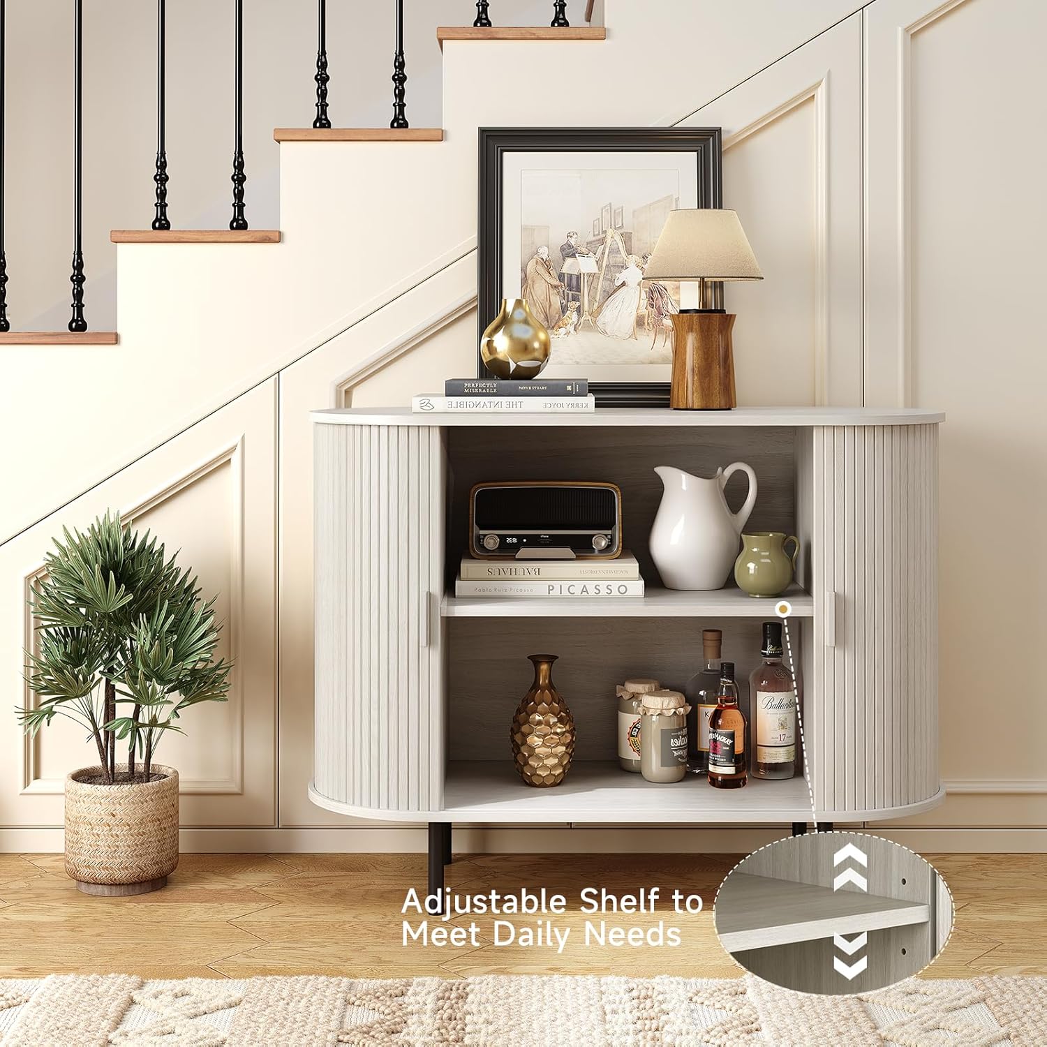 Close-up of the adjustable shelf feature in the ONBRILL Sideboard
