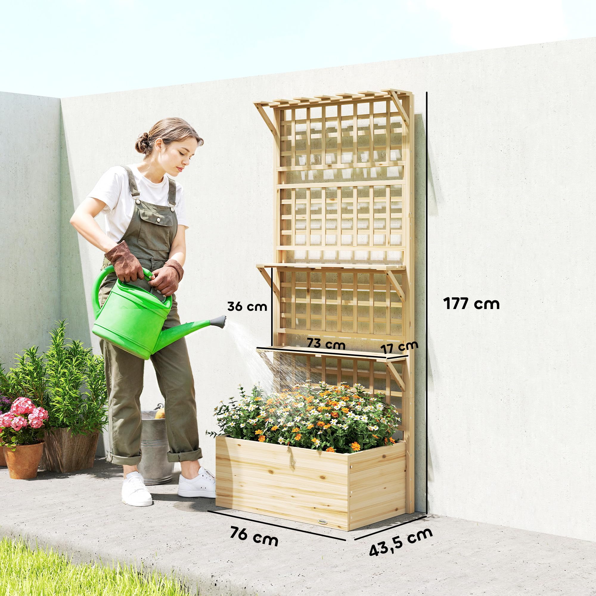 Outsunny Jardinera con Enrejado y Techo de Madera, Jardinera Exterior Grande para Plantas Trepadoras, con 2 Estantes, Drenaje y Forro, Macetero Elevado para Patio, Terraza, 76x43,5x177 cm, Natural