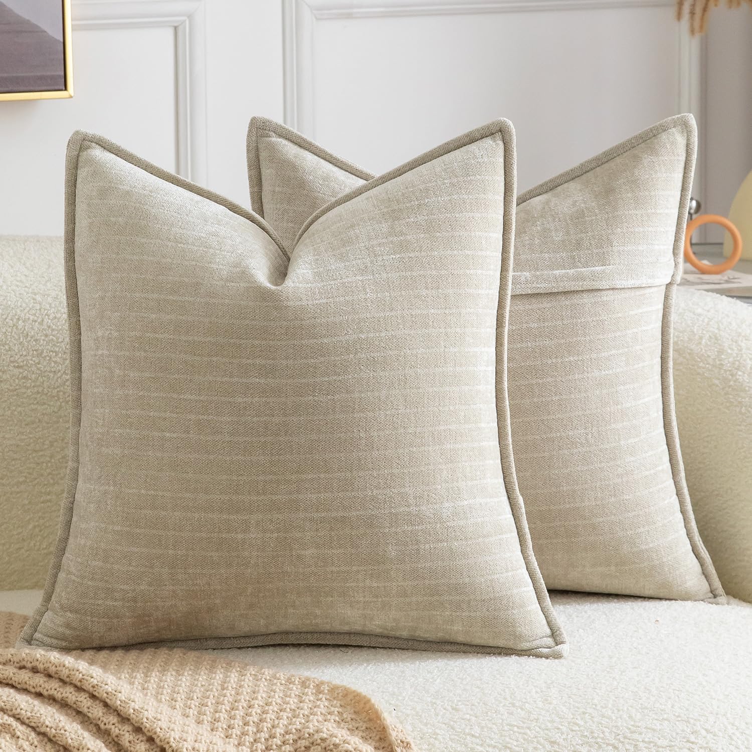 Madizz Pack of 2 Decorative Striped Cushion Covers Vintage Boho Soft Chenille Throw Pillows Luxurious Pillow Cases for Couch Sofa Bedroom Living Room 50x50 CM, Sand โ image 1