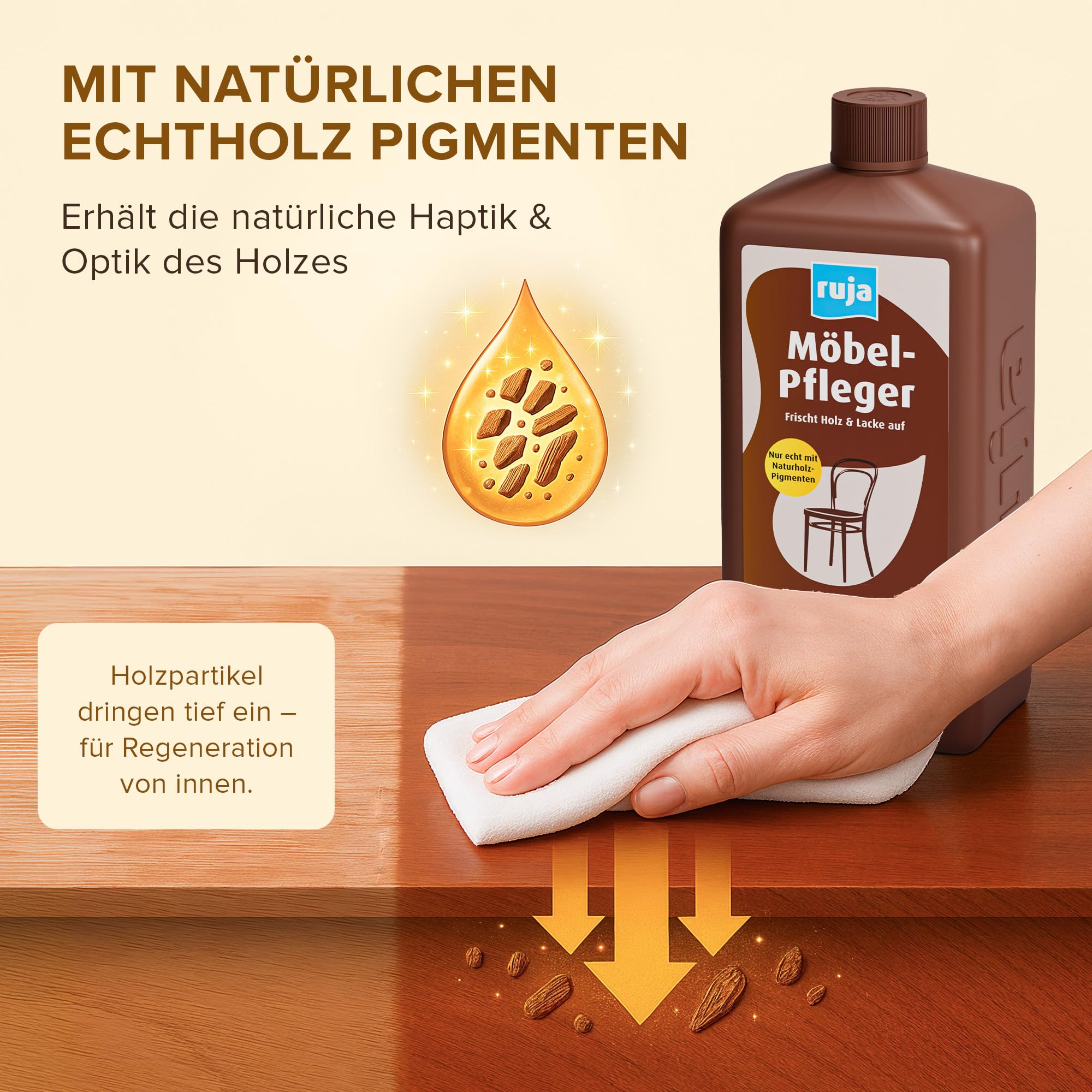 ruja Möbelpolitur - 100m² - beseitigt Kratzer, Wasserflecken & Vergilbung, 2-in-1 Holzreiniger & Holzpflege - Möbelöl farblos, für dunkel & helles Holz - Holzpflegeöl für Esstisch, Möbel & mehr