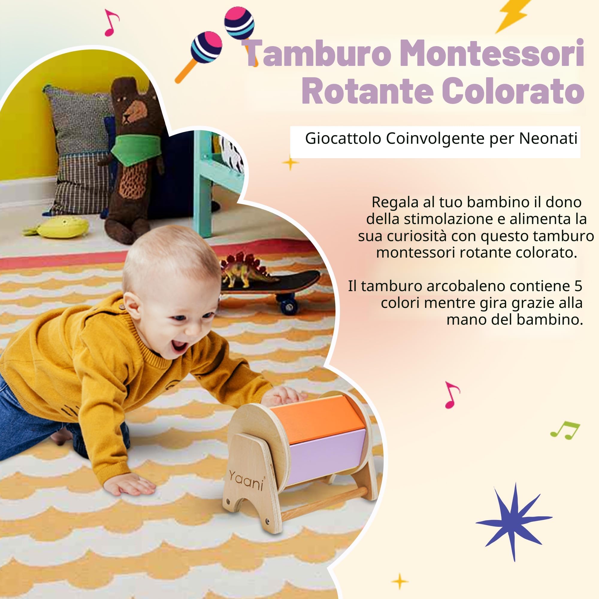 YAANI Tamburo Rotante Metodo Montessori Giochi Neonate 6-12 Mesi, per Bambini 1 2 Anno