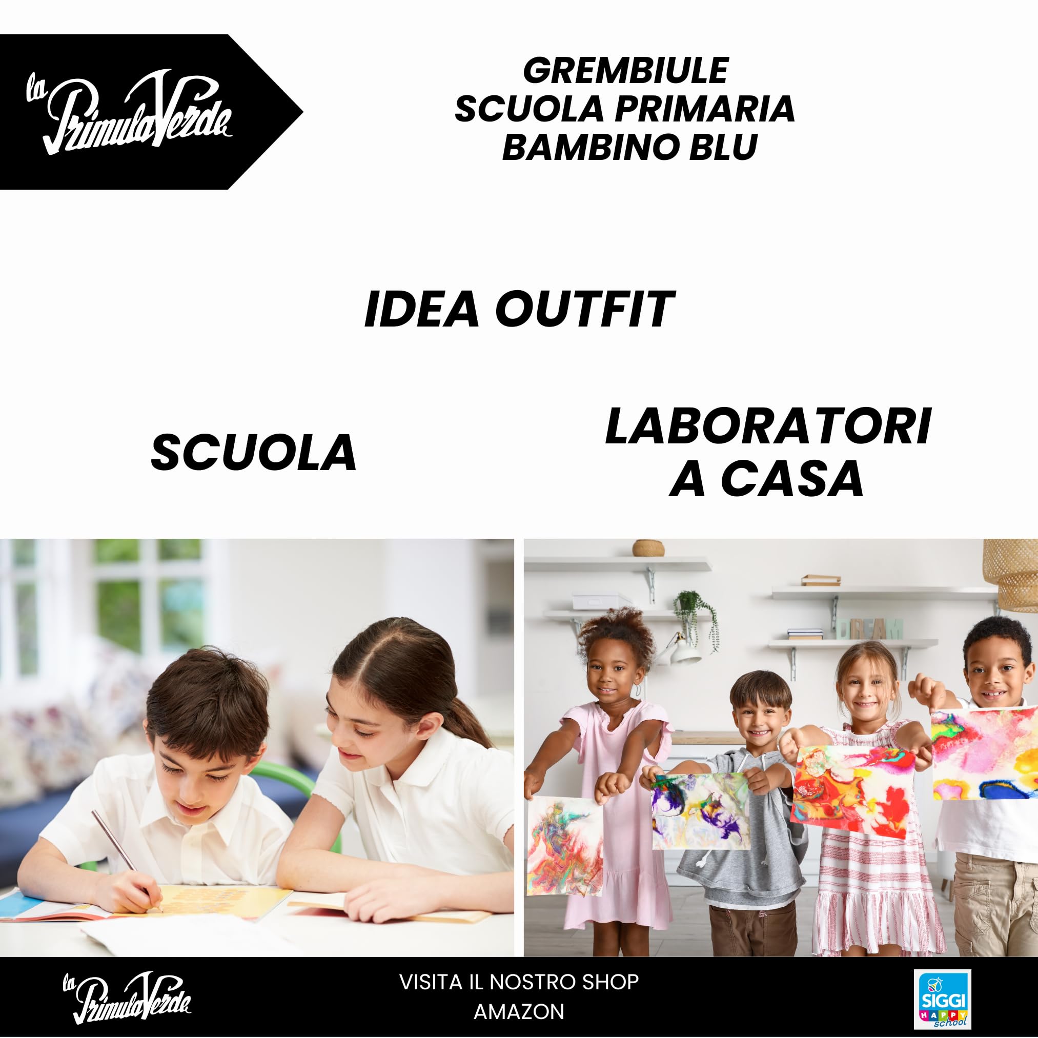 Grembiule Scuola Elementare Infanzia da Bambino, Nero, Zip con Bottone al Collo, Logo e Senza Logo, dai 6 ai 15 Anni.
