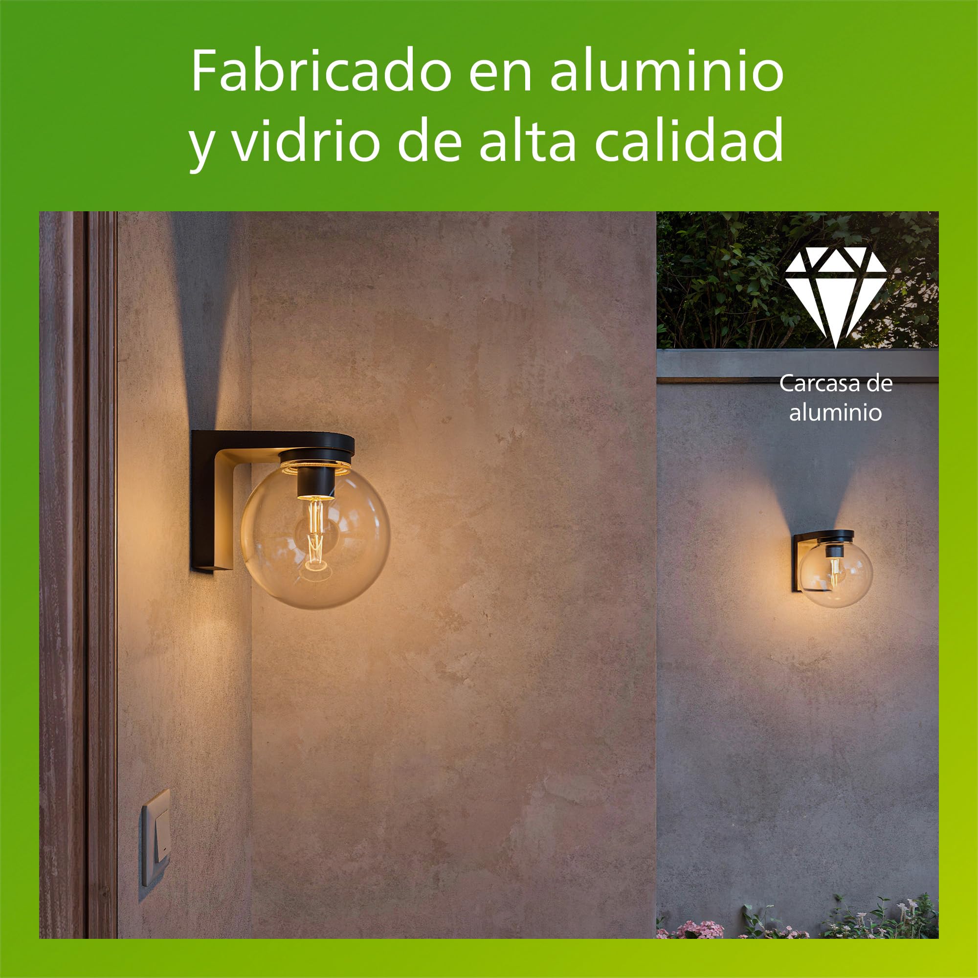 Philips Ulio Aplique de Pared Exterior + Bombilla LED E27, Luz Blanca Cálida, IP44 Resistente a la Intemperie, Duradera, Aluminio y Cristal, Diseño Moderno, Color Negro