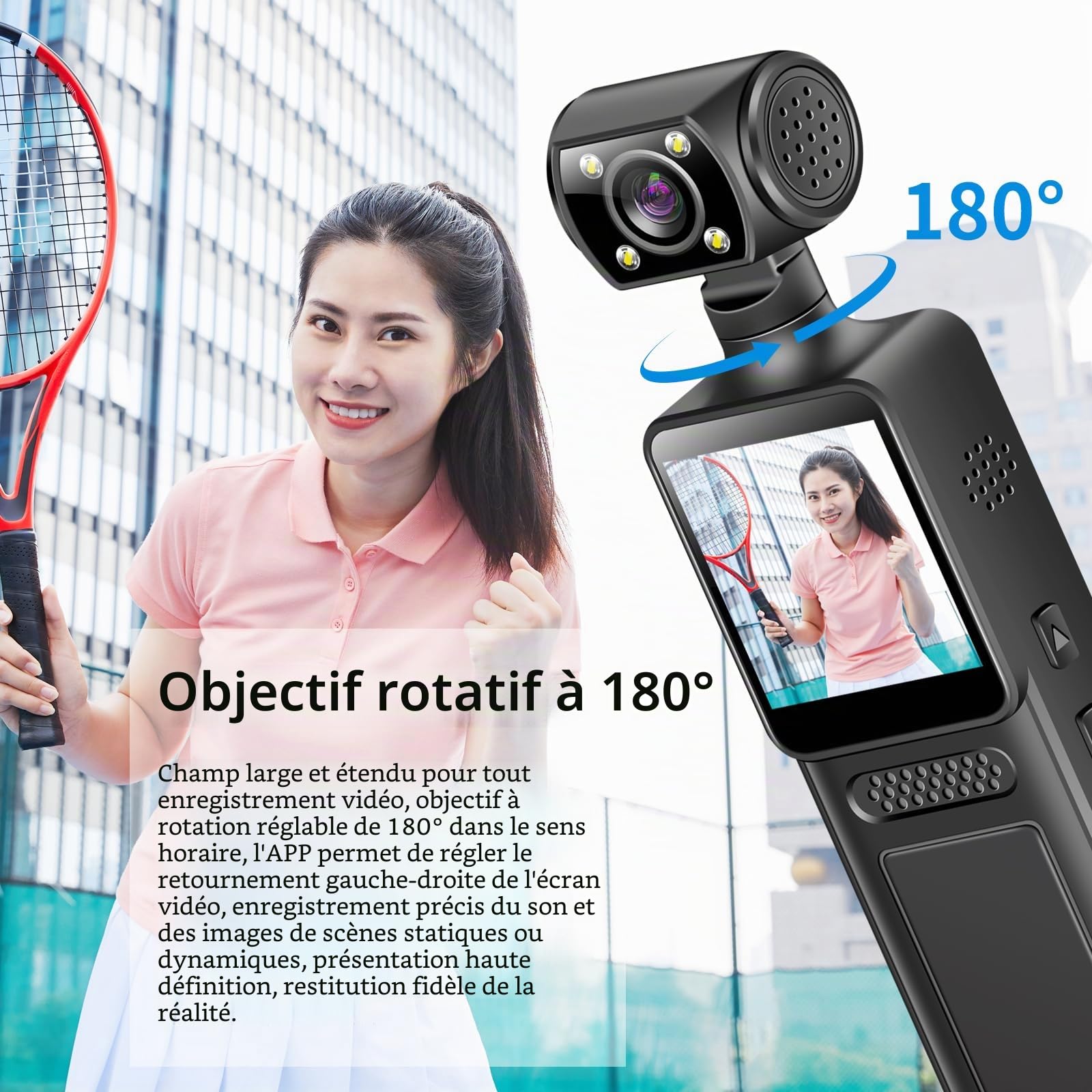 Mini Caméra d'action 4K 40MP, Caméscope de Poche avec Objectif Rotatif 180°, Écran 1.3", WiFi et Application, Caméra Vlog Portable pour Enregistrement Vidéo
