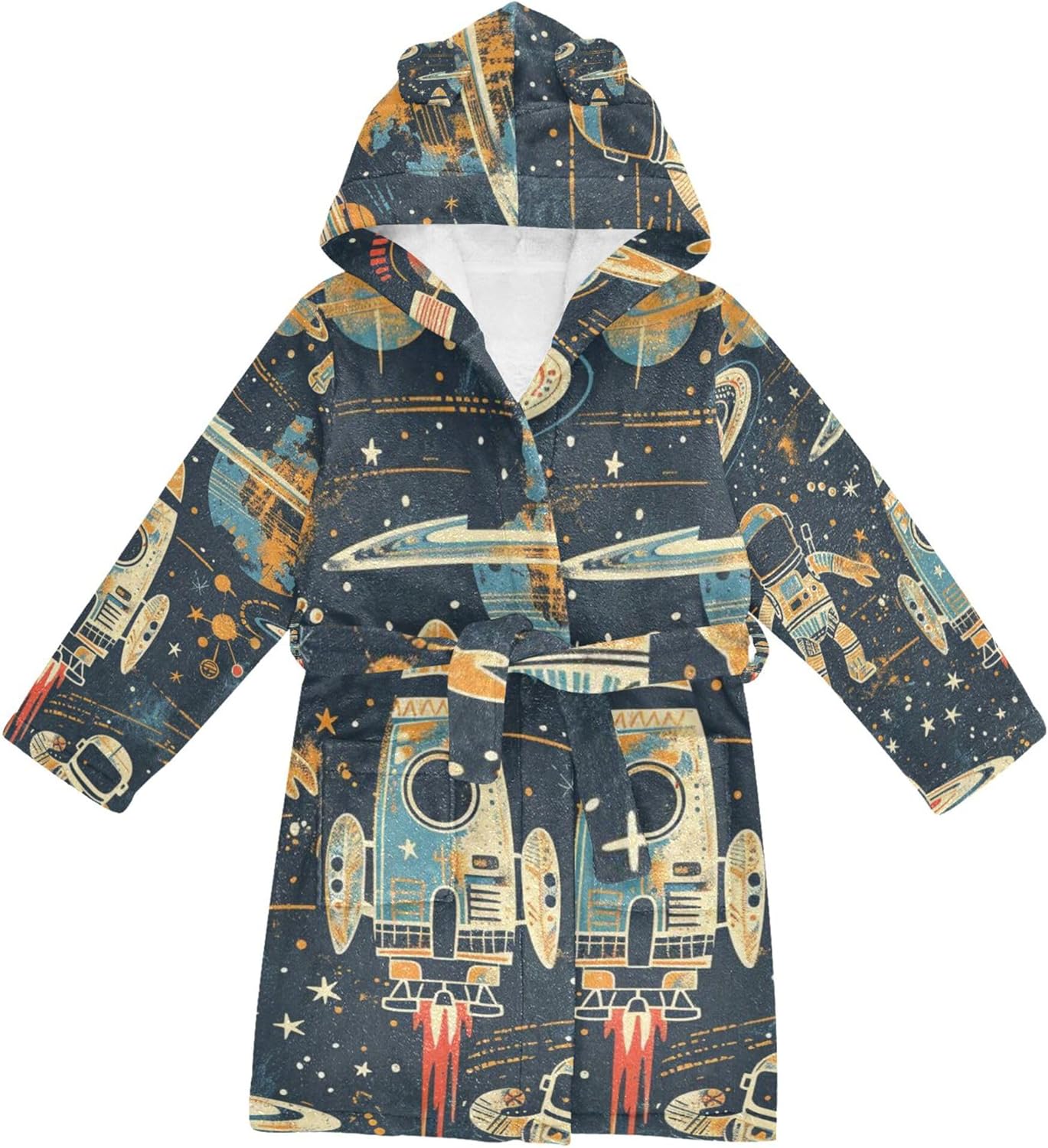 Space Astronaut Rocket Bathrobe Hooded PJ Robe Soft Fleece Robe Pajama Sleepwears 2-12 Years