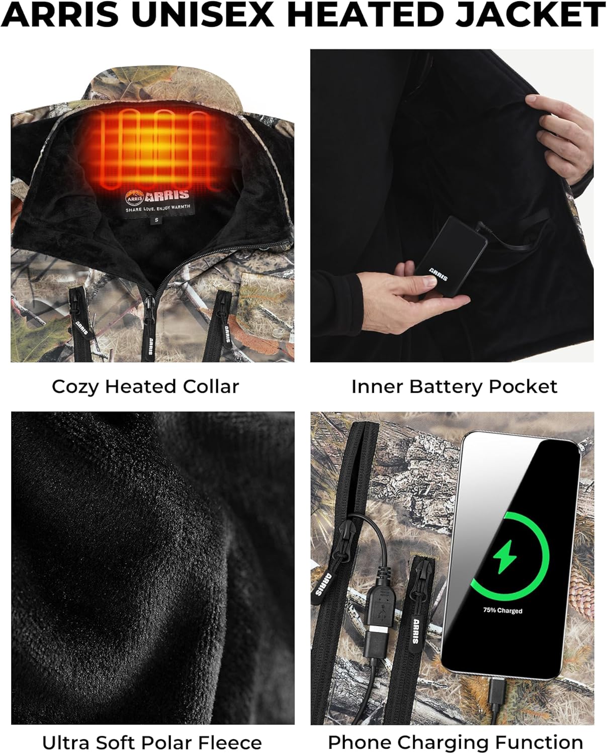 ARRIS Men’s Camo Heated Jacket, Electric Heating Coat with 7.4V Battery and Detachable Hood - Waterproof, 8 Heating Areas