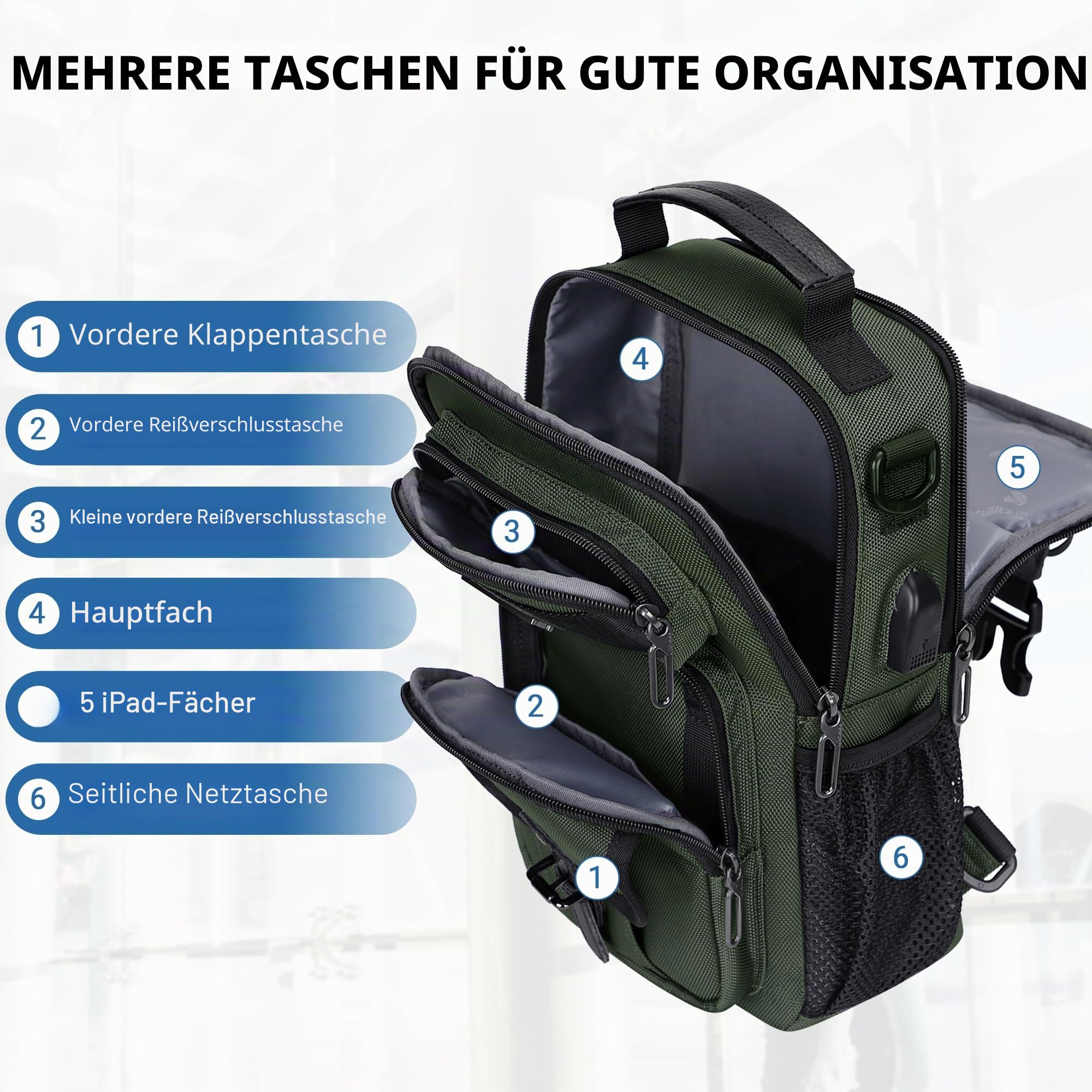 WITZMAN Umhängetasche für Herren, umwandelbarer Sling-Rucksack mit USB-Port