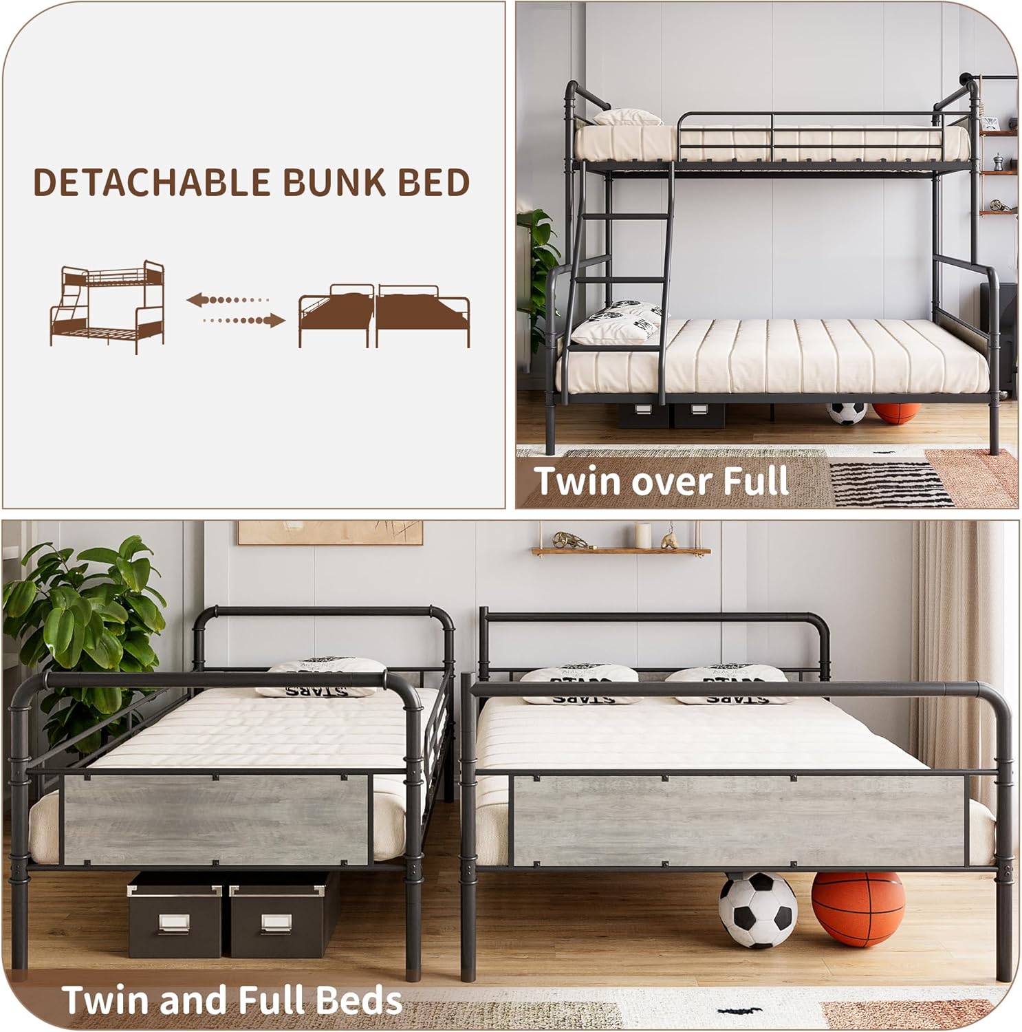 GarveeHome Metal Bunk Bed Twin Over Full Size with Angled Ladder, High Guardrail, Heavy Duty Bunk Bed Frame with Metal Slats, Smooth Rounded Edges, for Kids, Teens, Adults, Black+Grey