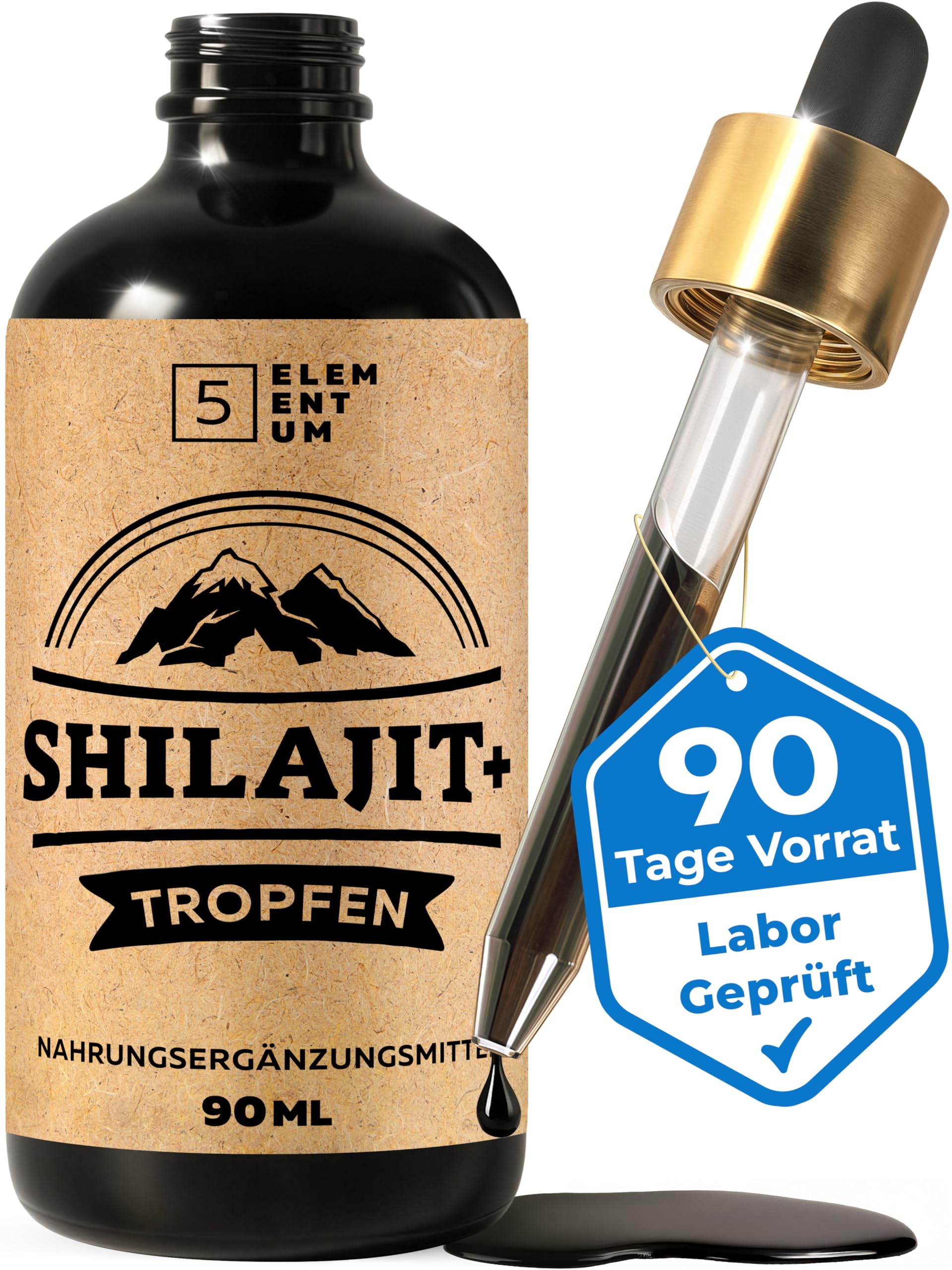 Shilajit Himalaya – Extrait liquide pur Mumijo | 90 ml | 85% d’acides fulviques | Haute concentration | Végan et testé en laboratoire (Eurofins)