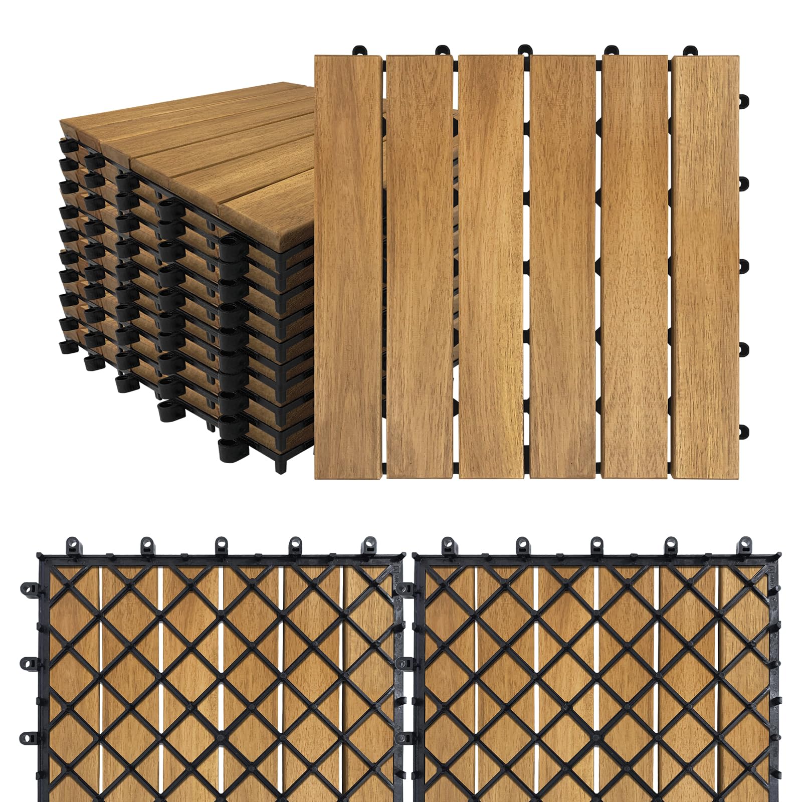 SAILUN 11 Pack Acacia Wood Interlocking Deck Tiles 30x30cm, 1㎡ Wooden Decking Tiles with Click System, Outdoor Floor Tiles for Garden, Patio, Balcony & Terrace (Type A)
