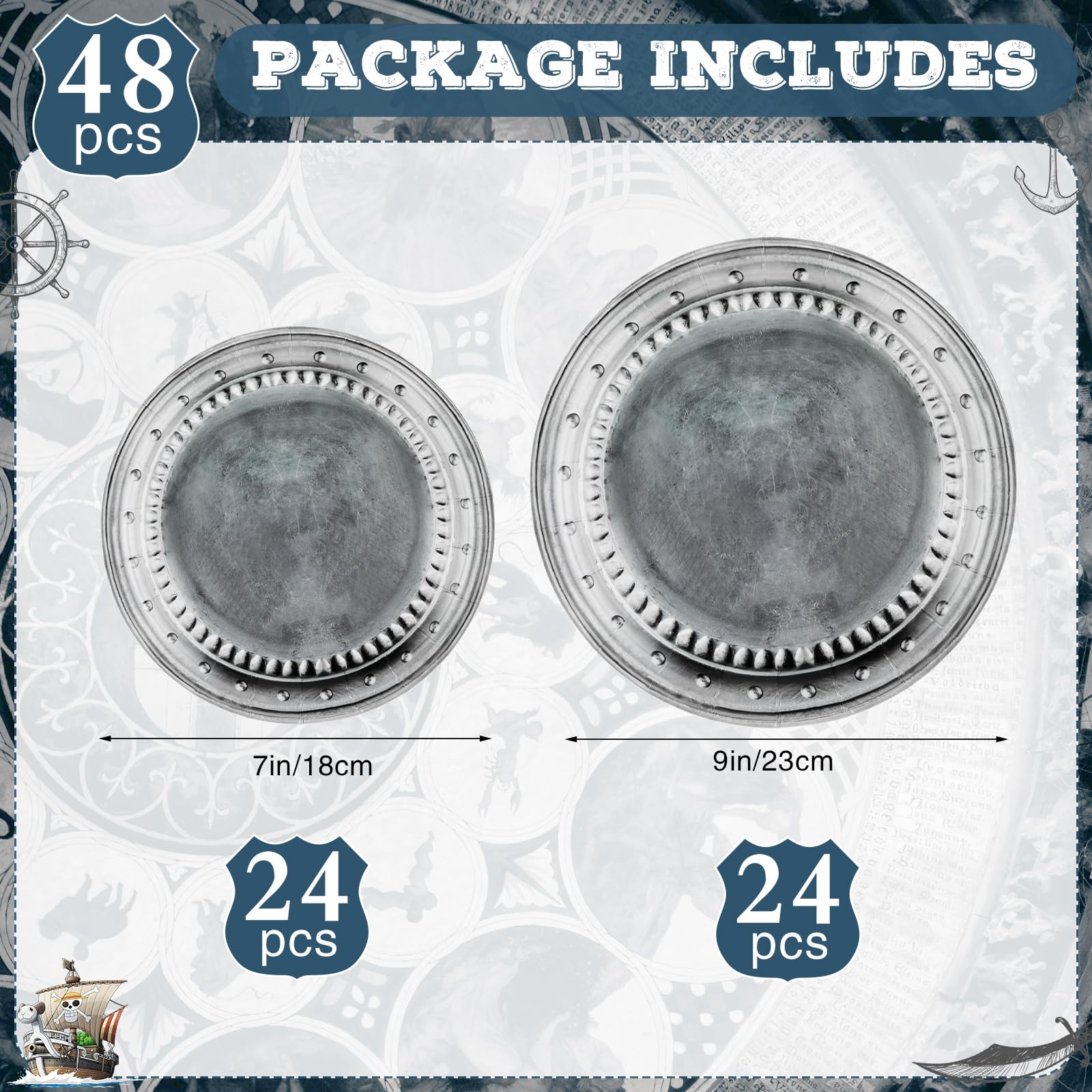 Jingmore 48 piezas de vajilla de papel desechable de peltre para decoraciones de fiestas medievales, platos de papel desechables de peltre para suministros de fiesta de Halloween pirata, 9 pulgadas y