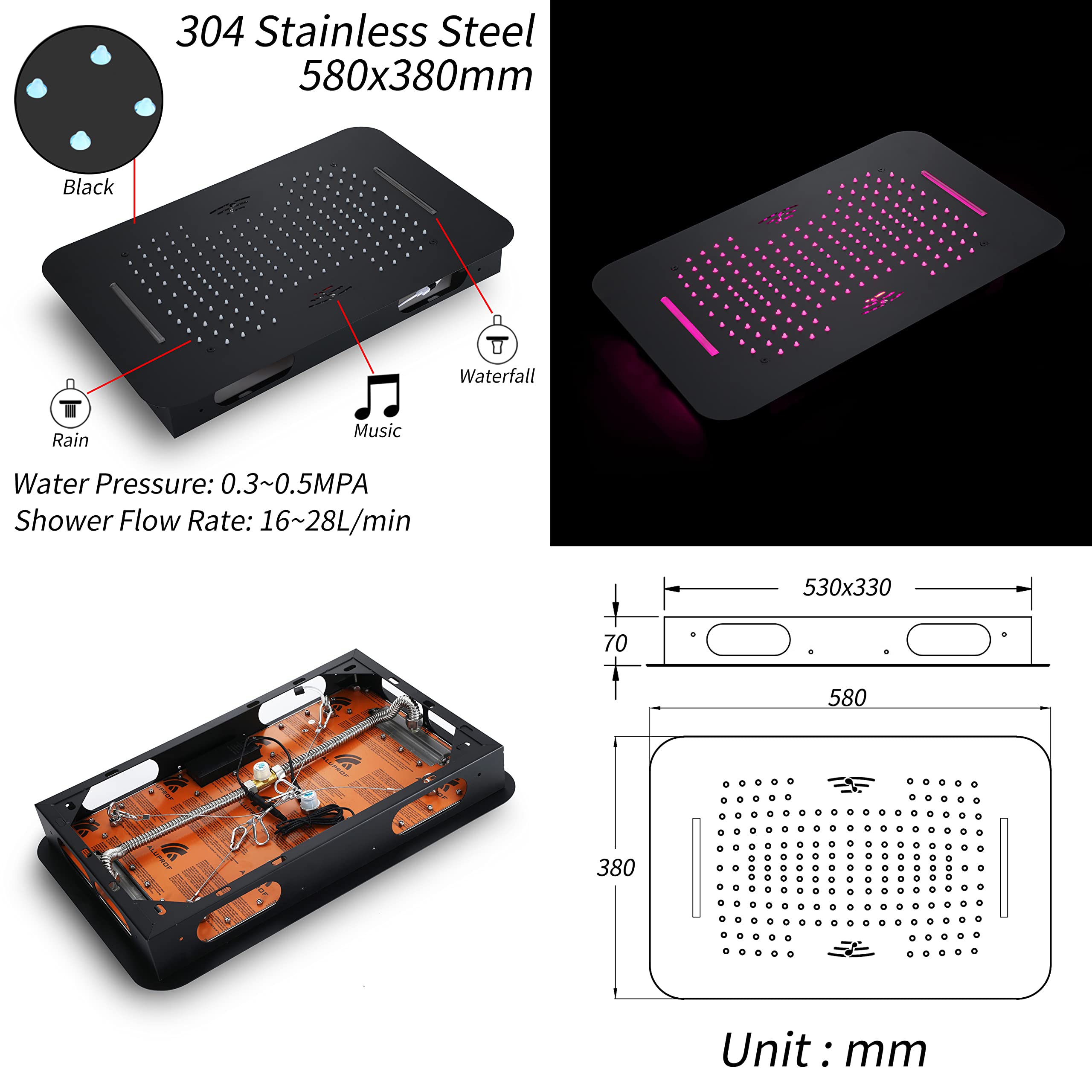 Set doccia con miscelatore termostatico a pioggia con display digitale a LED, soffione doccia con soffione a pioggia da 580 x 380 mm, doccetta portatile, telecomando