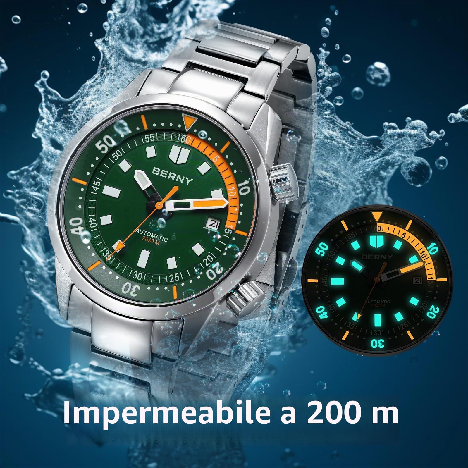 BERNY Orologio Automatico Per gli Uomini Diver Watch 20ATM Orologio da Polso Meccanico Vetro Zaffiro Confortevole in Acciaio Inox Watch Band Super Luminous Orologi Maschili