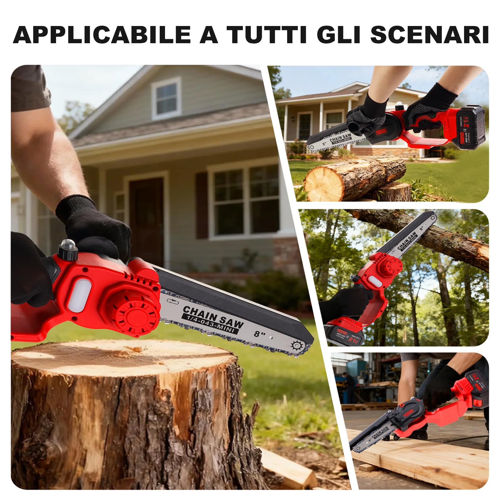 TEENO Motosega a Batteria, 1000W Mini Motosega Elettrica 6&8 Pollici 2-in-1, Kit con 6 Catene (3×6"+3×8"), Motore Senza Spazzole, 2×4000mAh, 5500 RPM, Leggero per Giardinaggio, Potatura, Legna