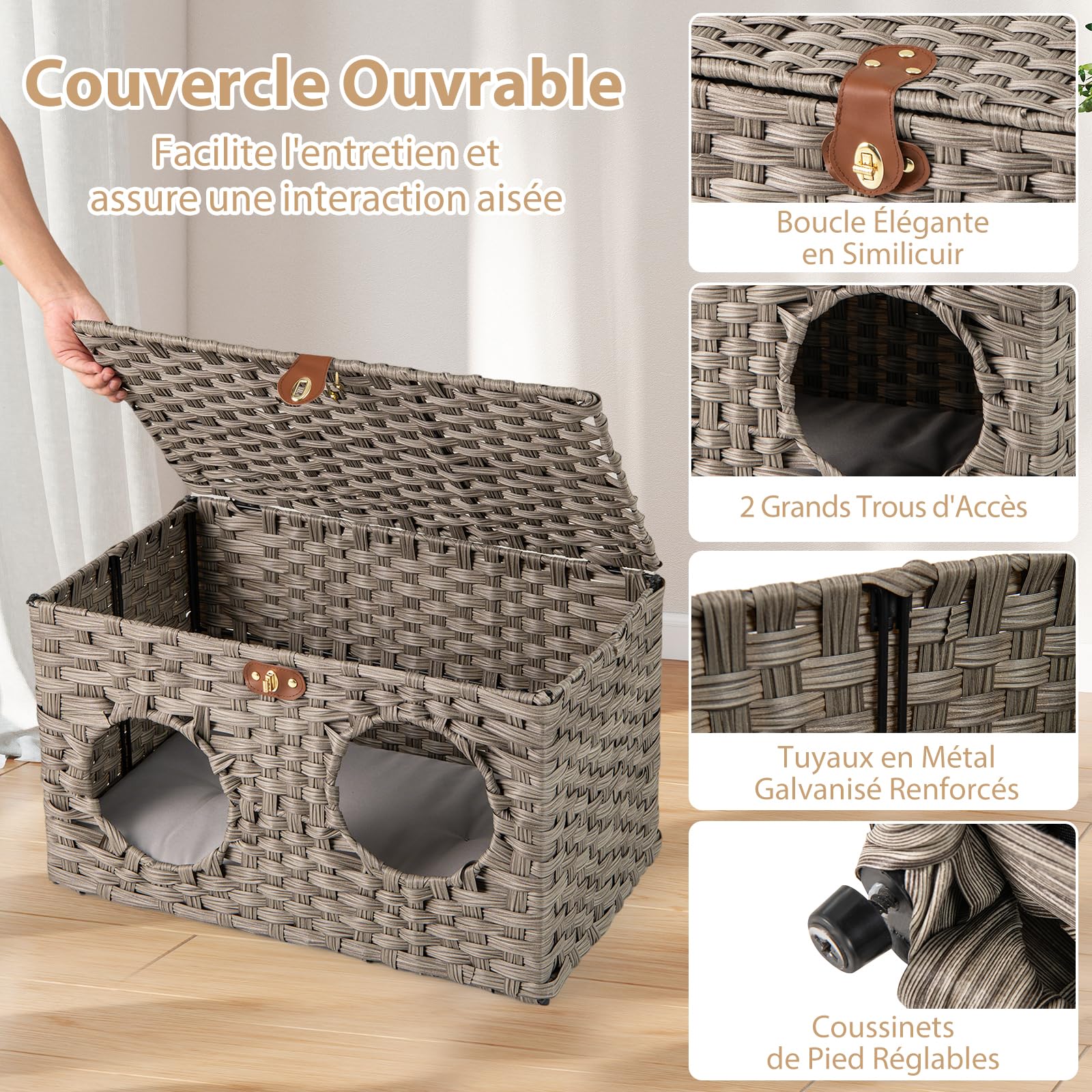 COSTWAY Niche Chat Pliable en Rotin PE, Maison pour Chat Interieur, Coussin Amovible, Couvercle Verrouillable, 2 Entrées, Pied Antidérapant, Meuble Chaton pour Salon Chambre, 60 x 35 x 35 cm
